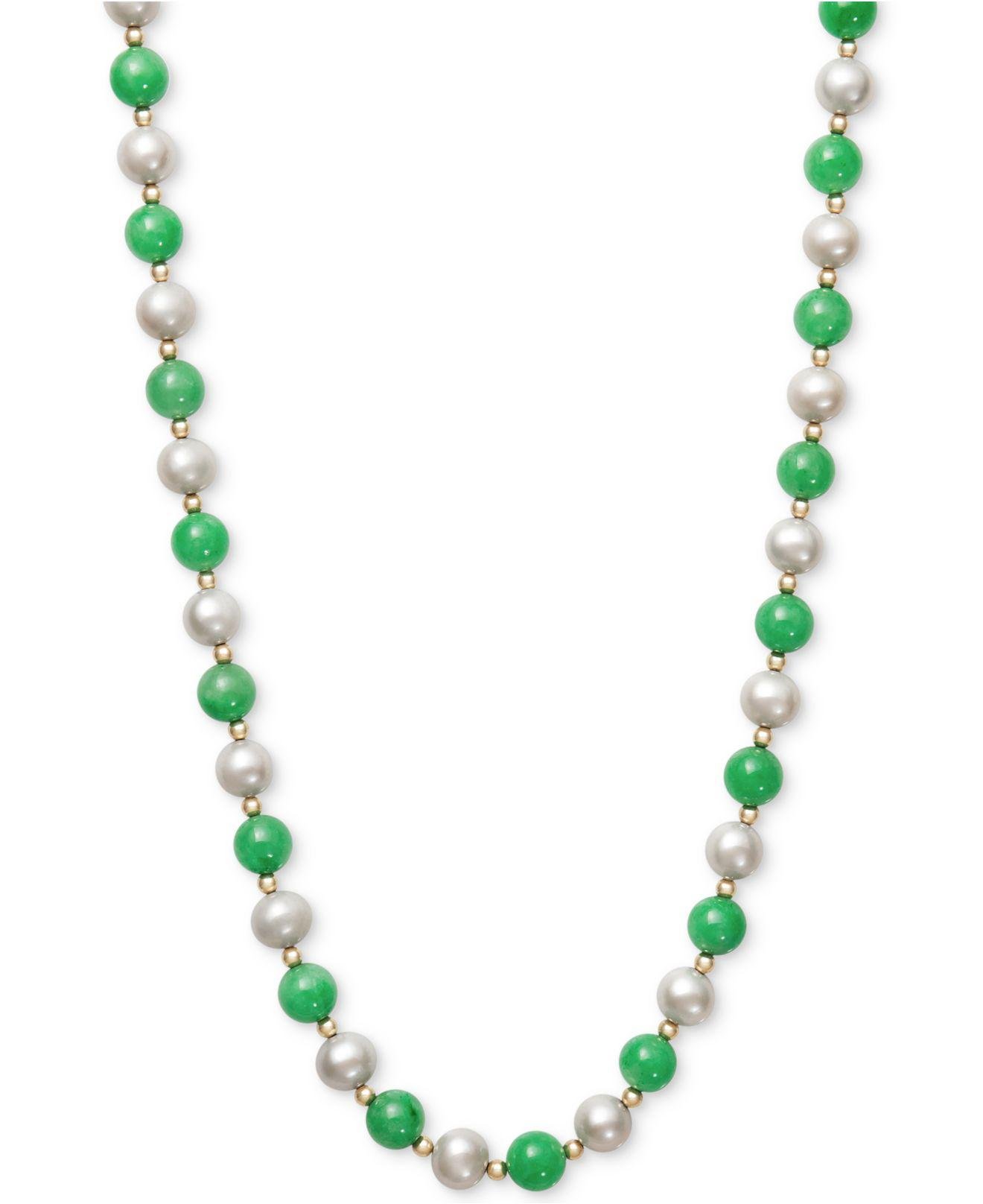 Macy's Cultured Freshwater Pearl And Jade Necklace In 14k Gold in Green ...