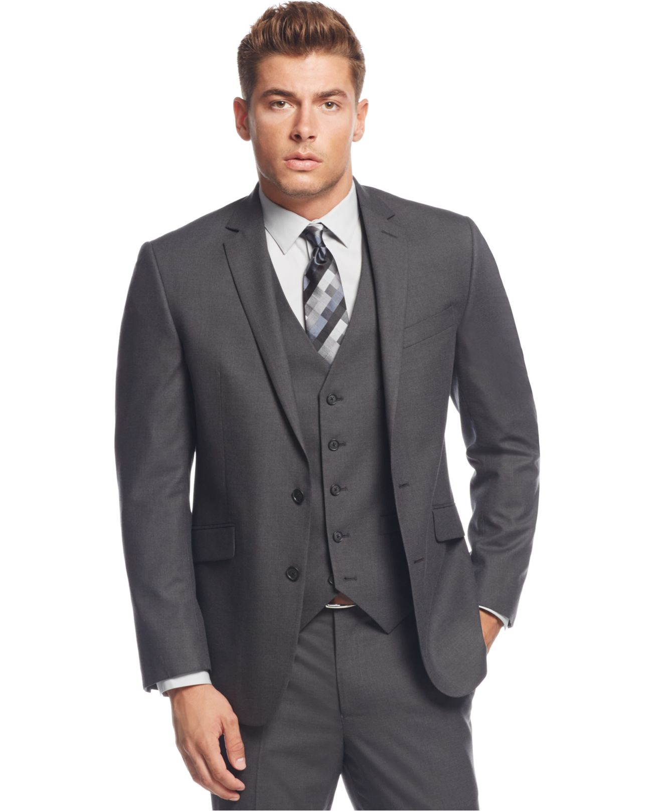 Lyst - Kenneth Cole Reaction Grey Tonal Shadow Check Slim-fit Vested ...