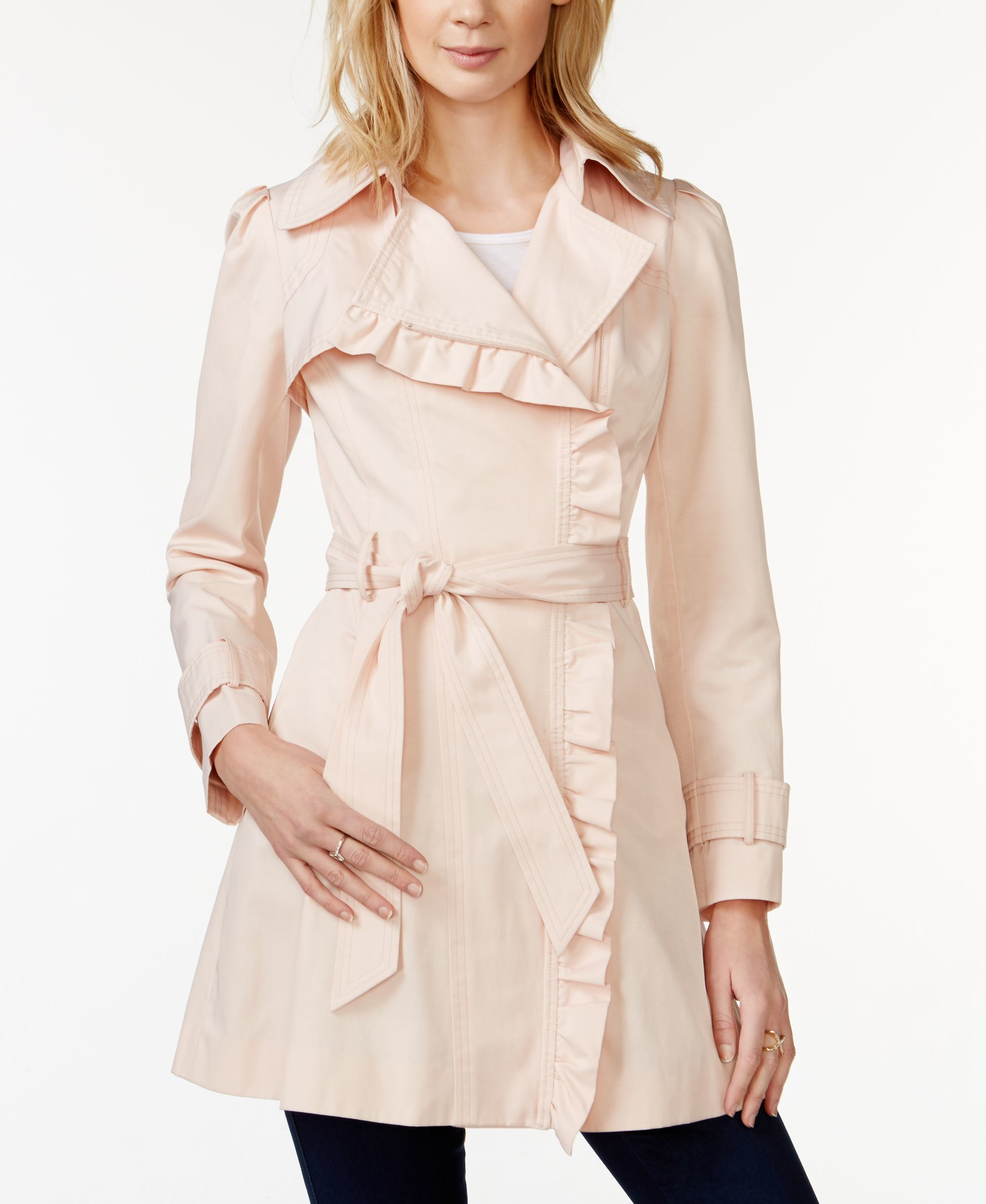 Lyst - Jessica Simpson Ruffled Asymmetrical Trench Coat in Pink