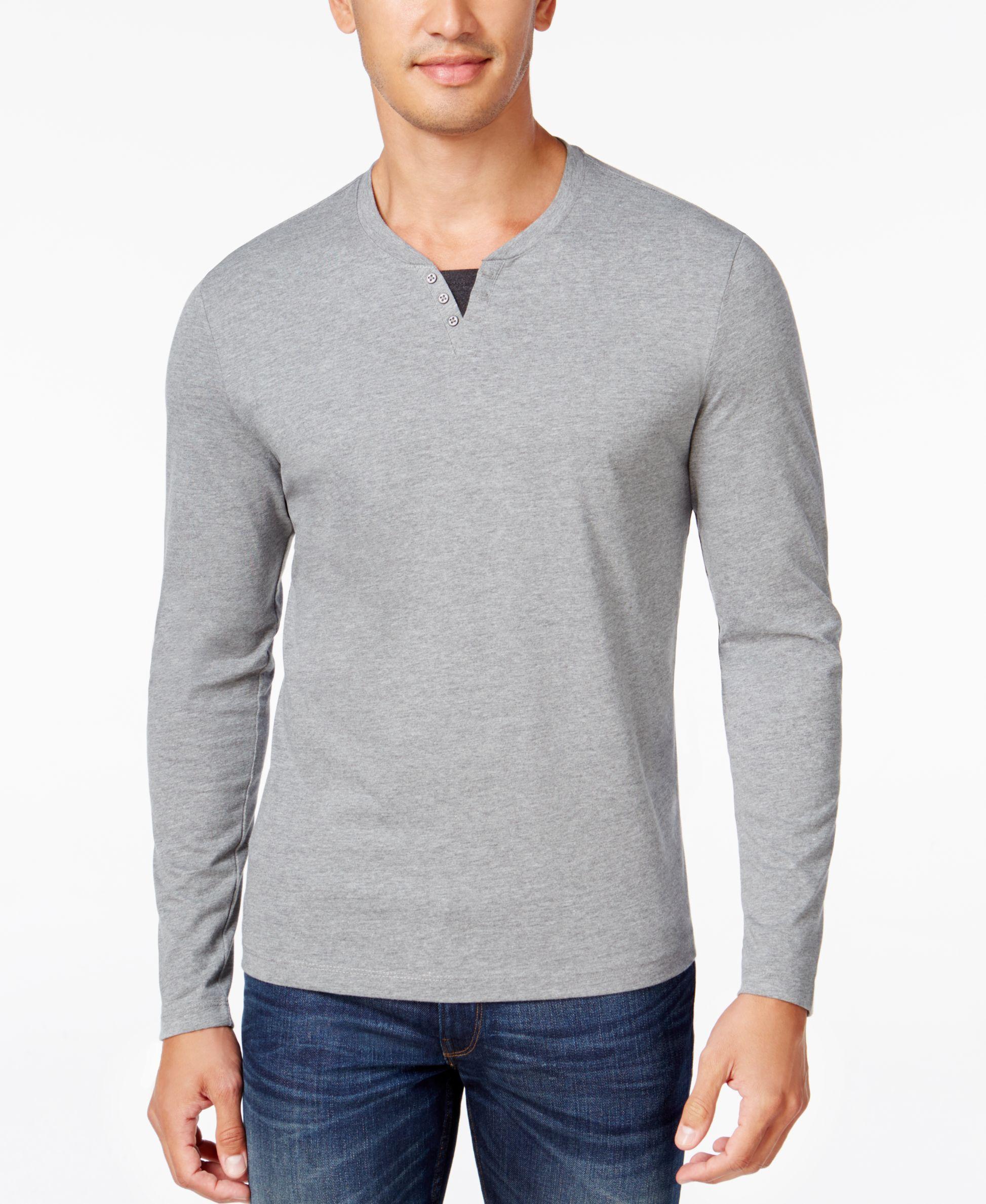 Alfani Men/'s Heather Long-Sleeve Split Crewneck T-Shirt