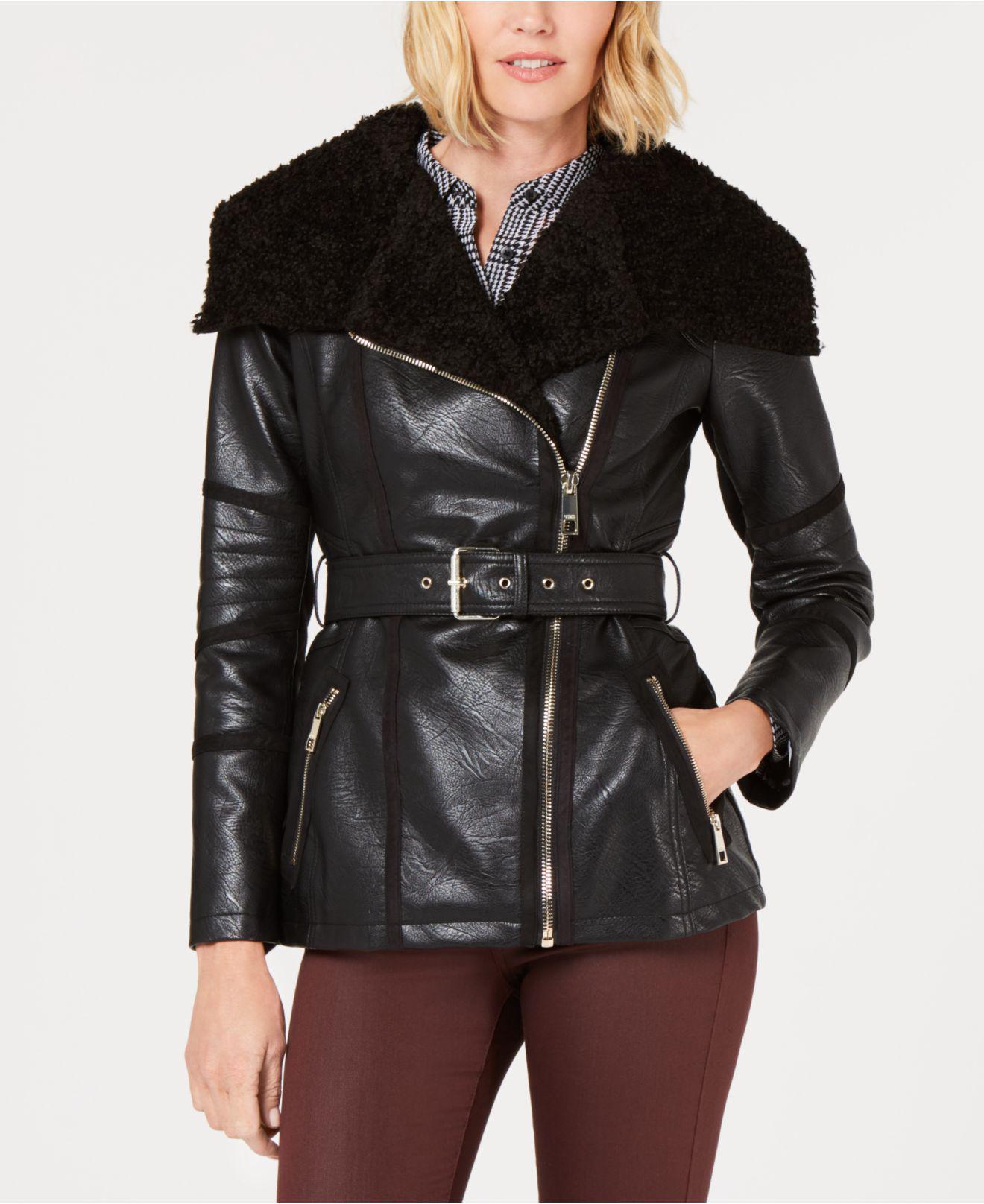 Lyst Guess Faux Fur Collar Leather Moto Jacket In Black Guess Women S Black Faux Fur Collar Leather Moto Jacket