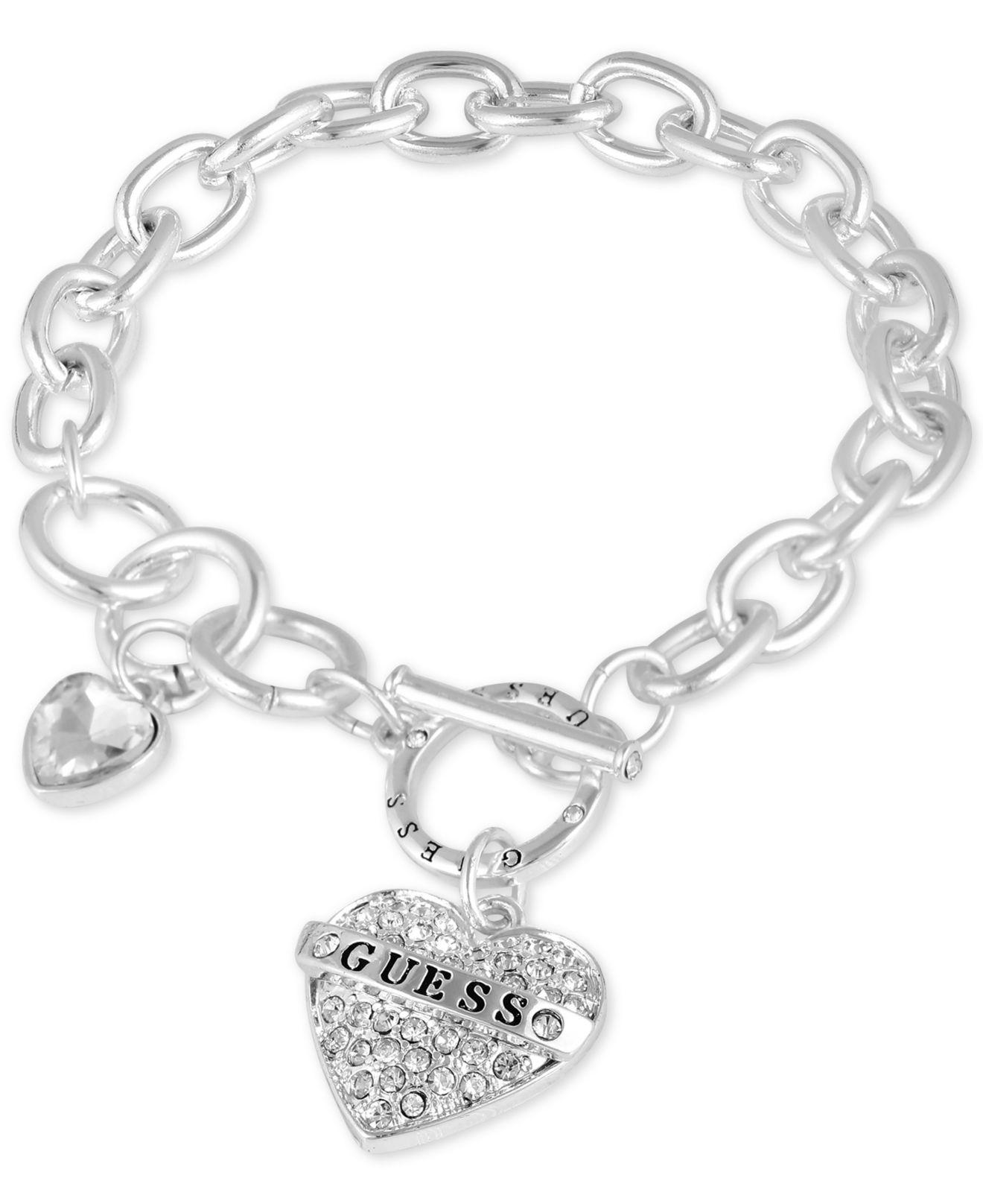 Lyst - Guess Silver-tone Crystal Logo Heart Charm Link Bracelet in Metallic