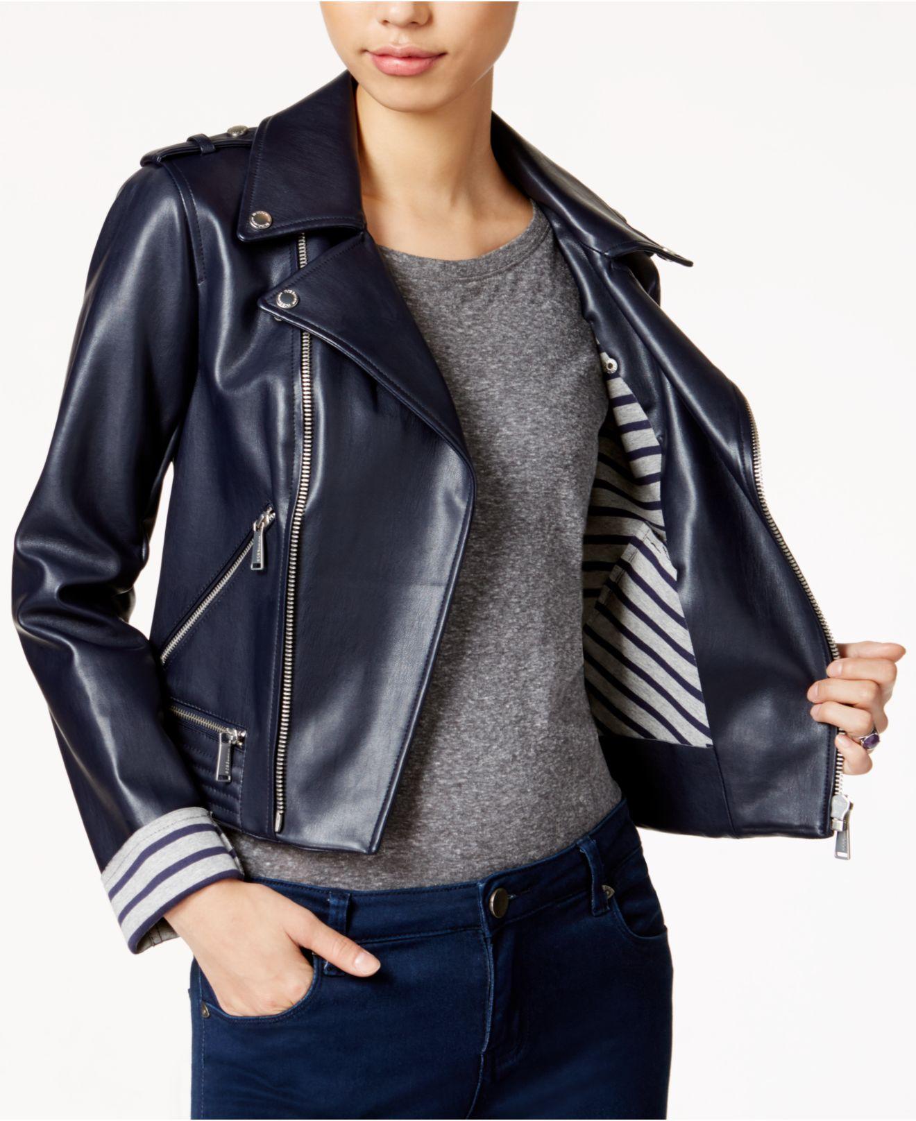 Lyst Bcbgeneration Contrast Lined Faux Leather Moto Jacket In Blue Gallery