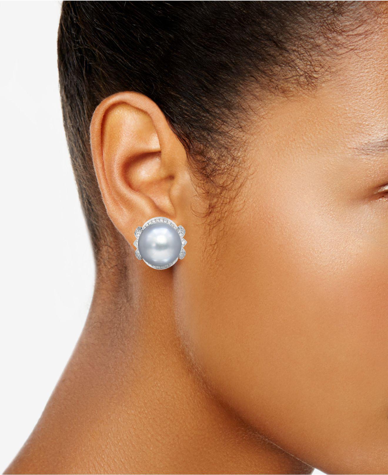 Lyst Macy S Cultured White South Sea Pearl 11mm Diamond 1 3 Lyst Macy S Cultured White South Sea Pearl 11mm Diamond 1 3 Ct T W Stud Earrings In 14k Gold