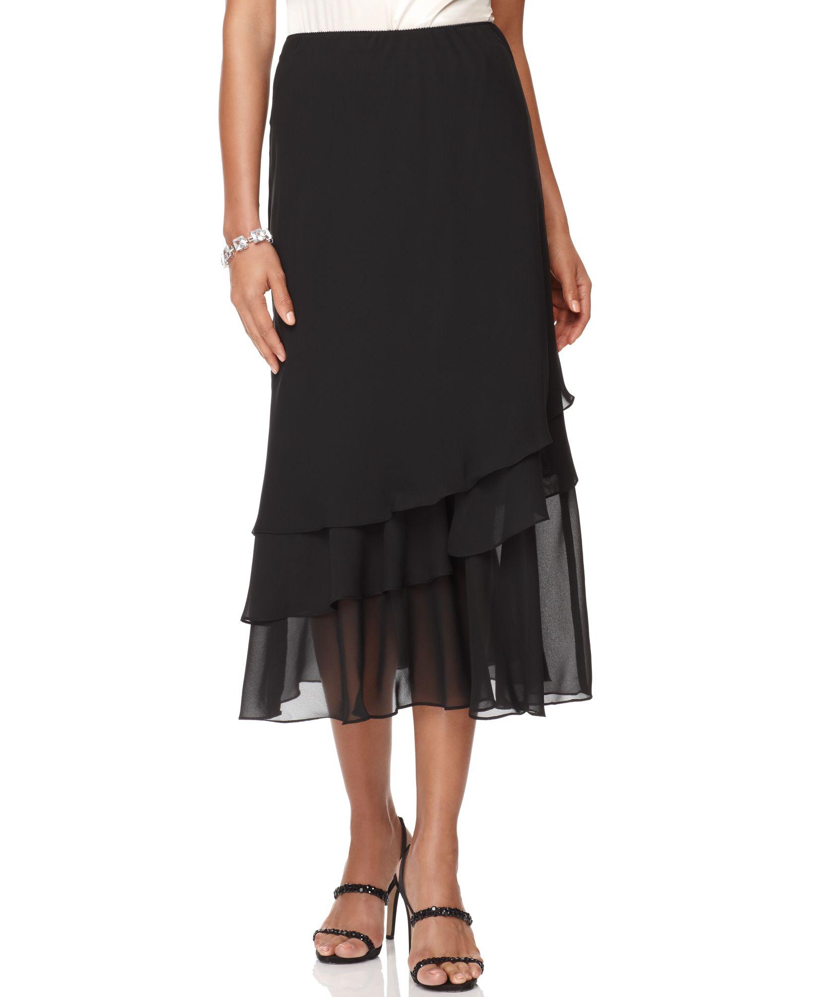 Lyst - Alex Evenings Petite Skirt, Tiered Chiffon Midi in Black