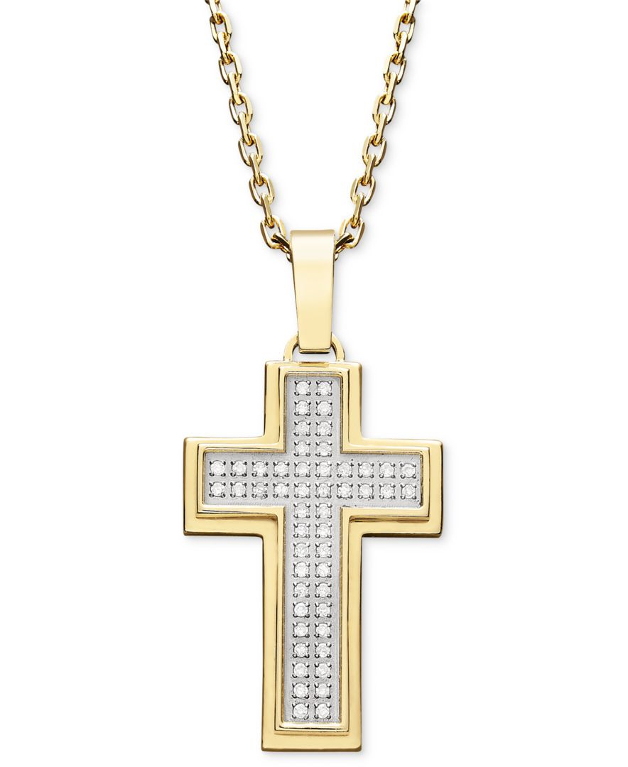 Macy&#39;s Men&#39;s Diamond Cross Pendant Necklace In Gold Ion-plated Stainless Steel (1/4 Ct. T.w.) in ...