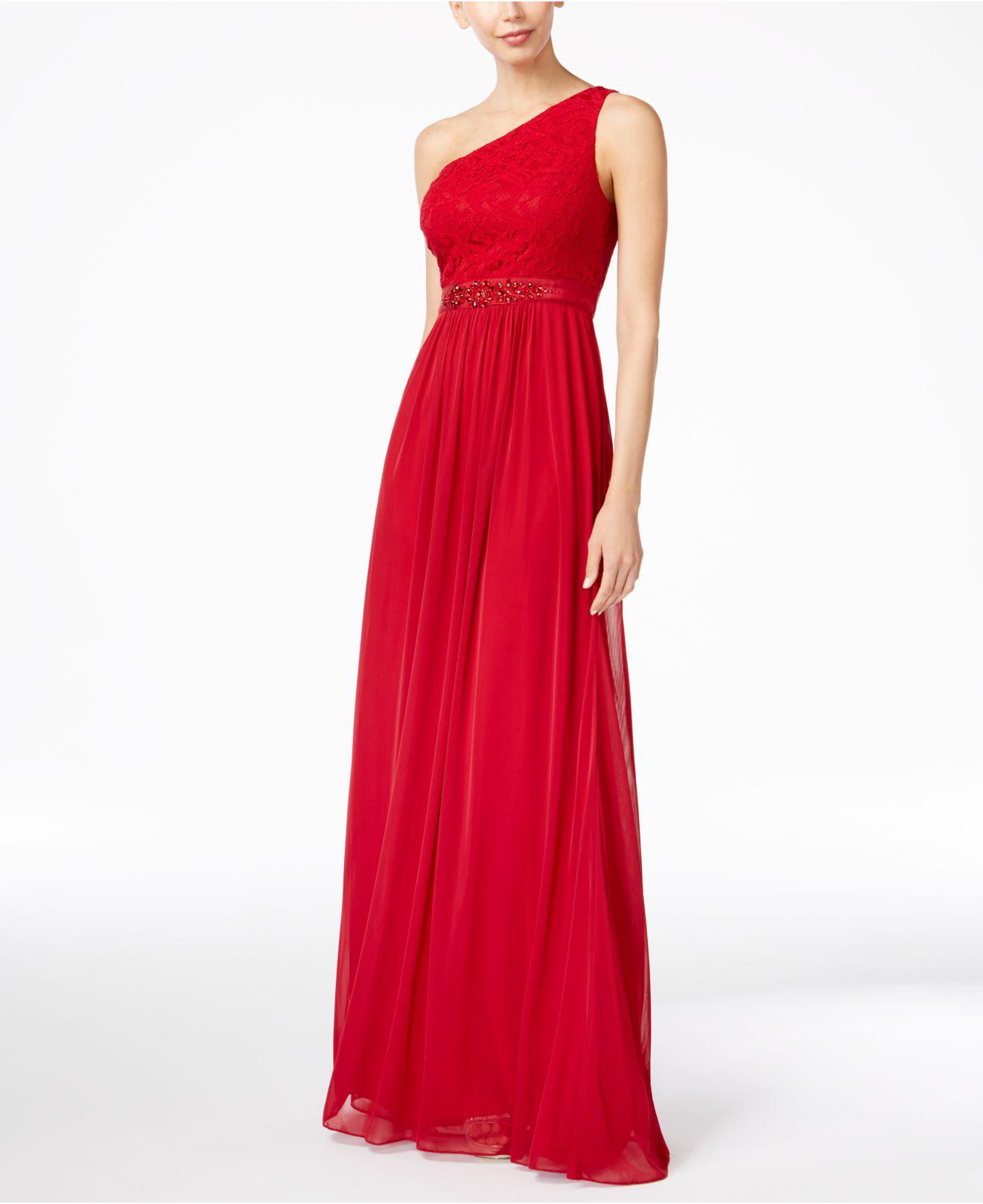 Adrianna Papell Embellished Lace One-shoulder Gown in Red - Lyst