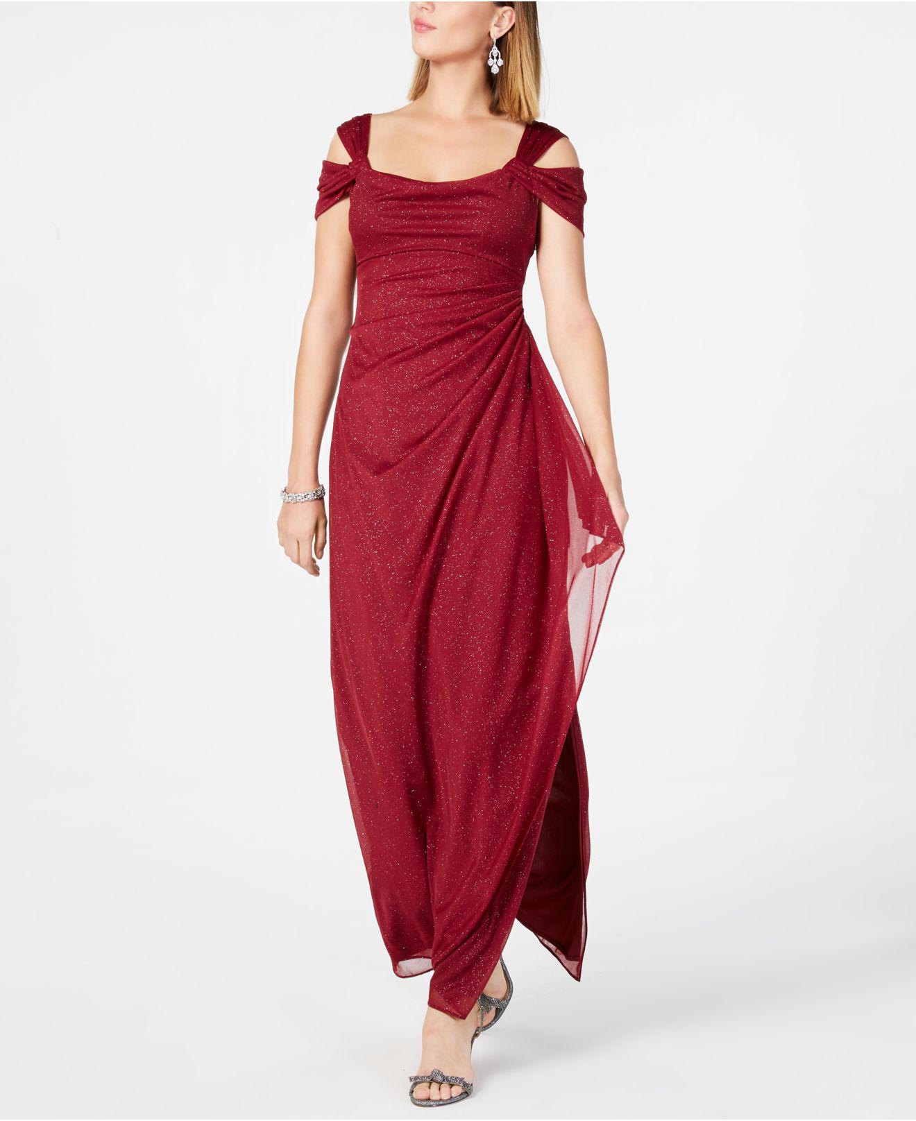 red cold shoulder gown