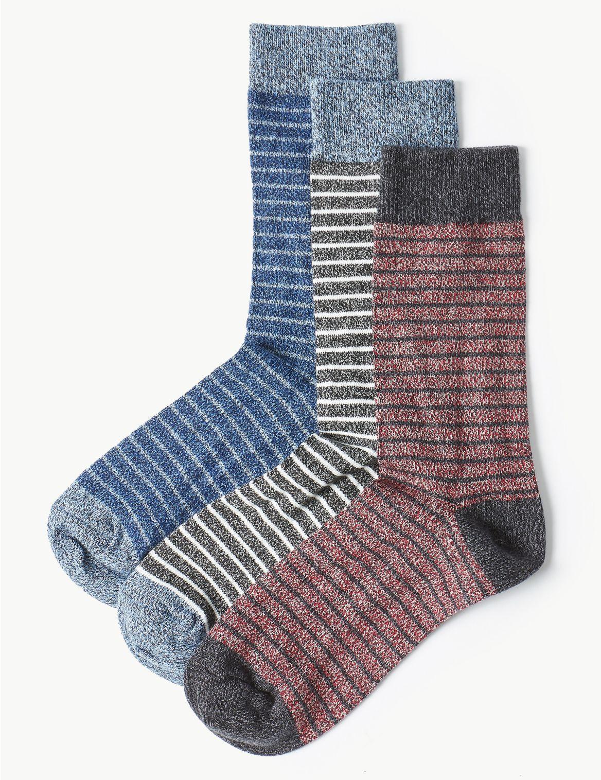Marks & Spencer Cotton 3 Pack Cool & Freshfeettm Striped Socks Blue Mix