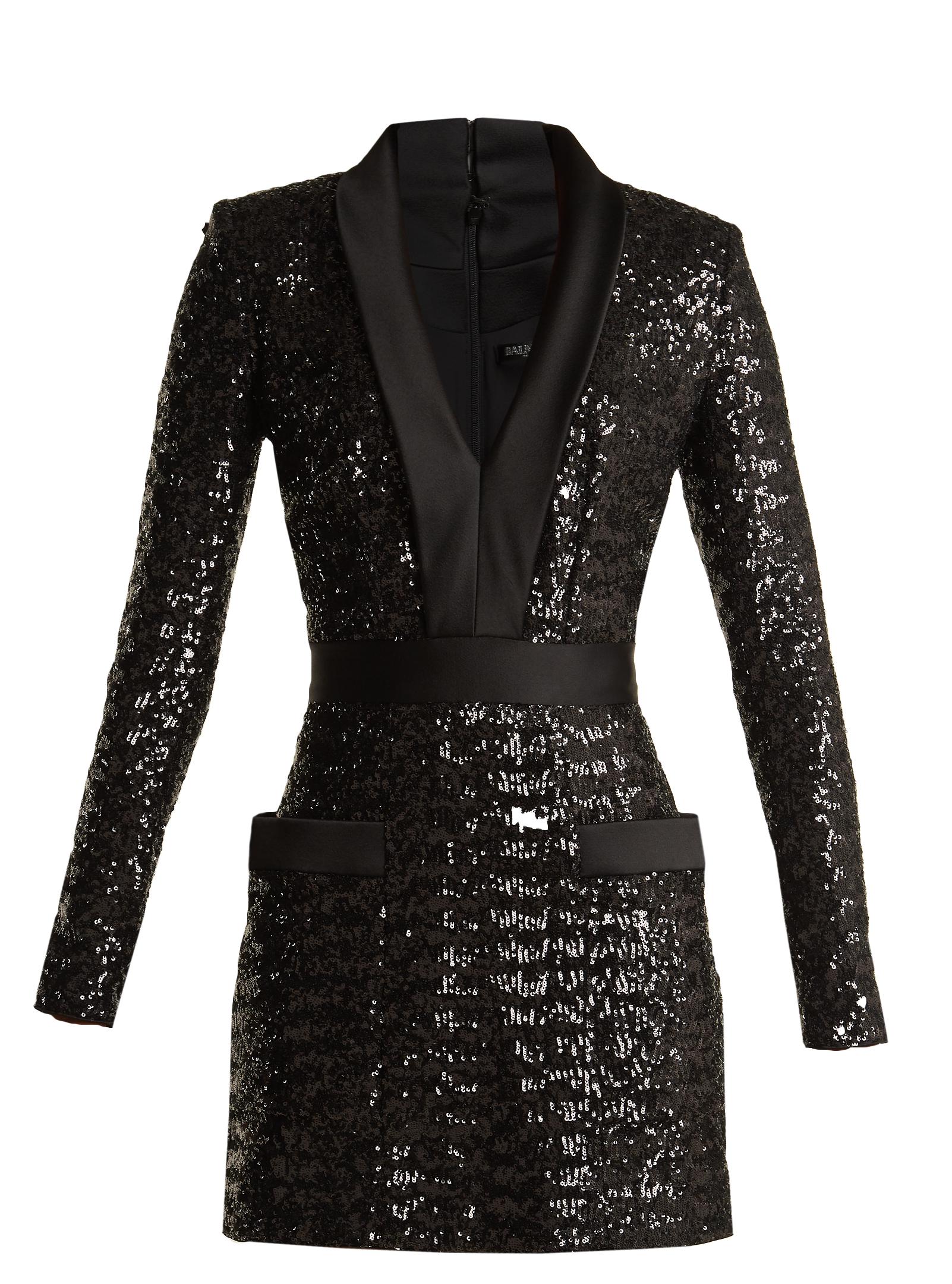 Balmain Satin-lapel Sequin-embellished Mini Dress in Black - Lyst