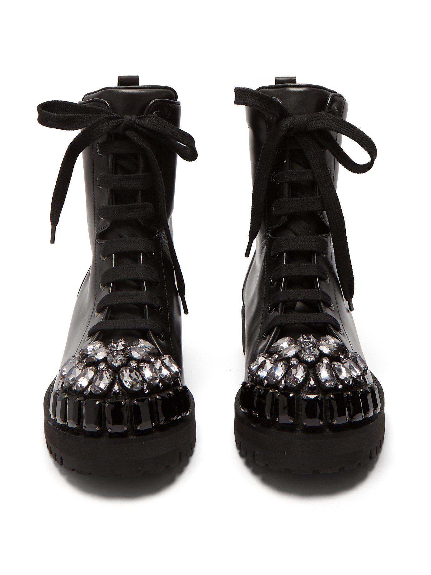 Rochas Embellished Leather Combat Boots in Black - Lyst