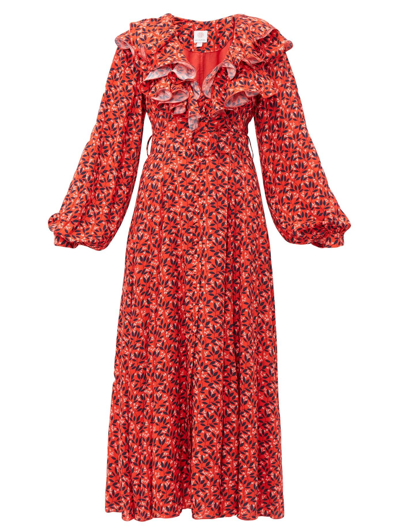 Gül Hürgel Floral Print Ruffle Trim Poplin Dress in Red - Lyst