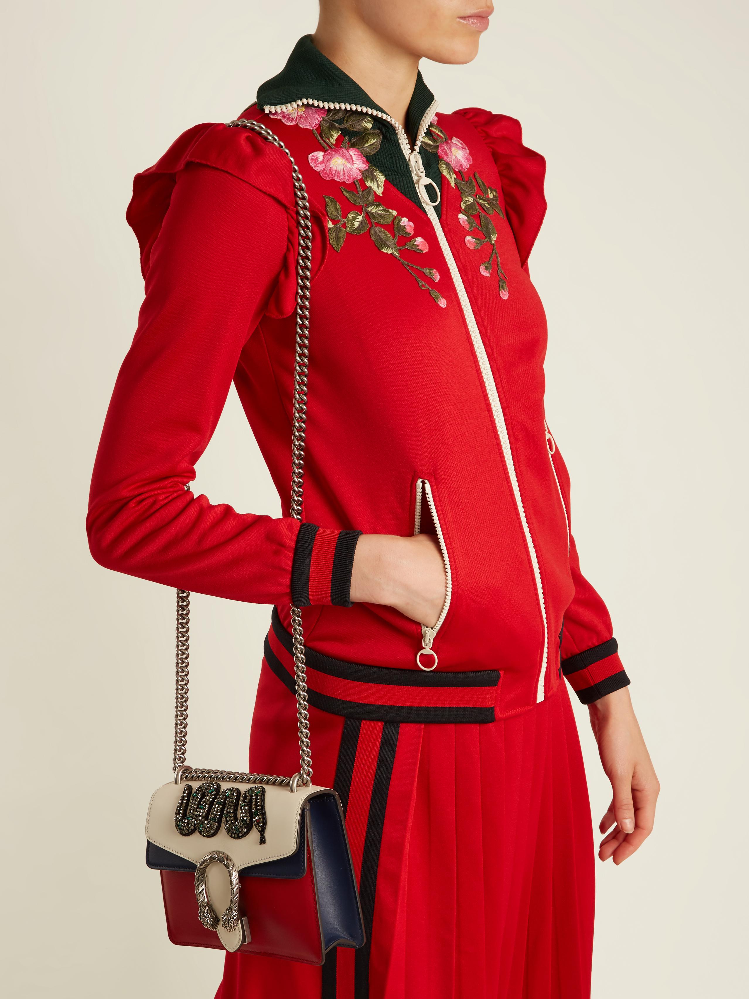 Lyst - Gucci Ruffled-shoulder Web-striped Jersey Jacket in Red