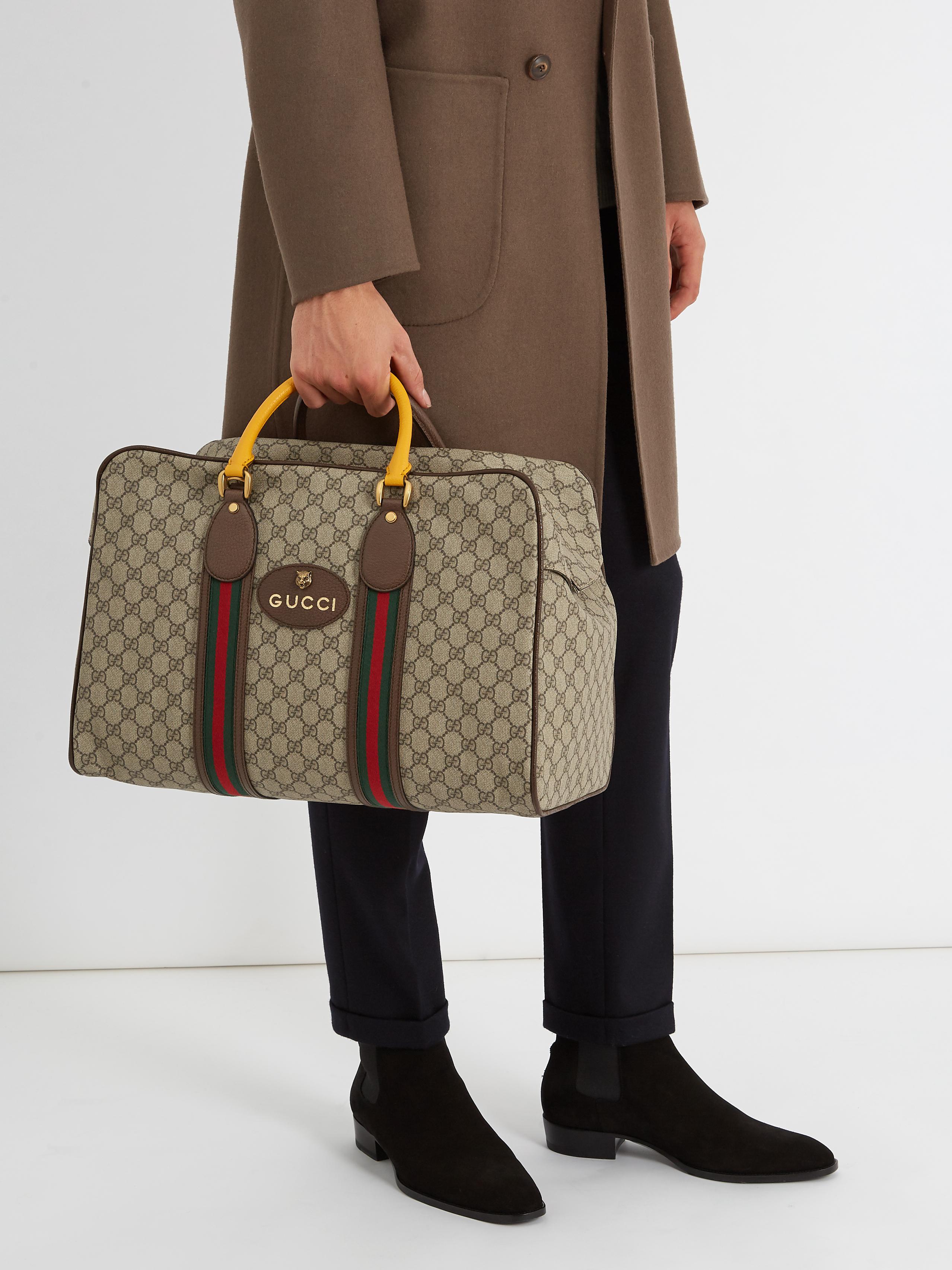 Gucci Gg Supreme Canvas And Leather Holdall in Brown for Men - Lyst