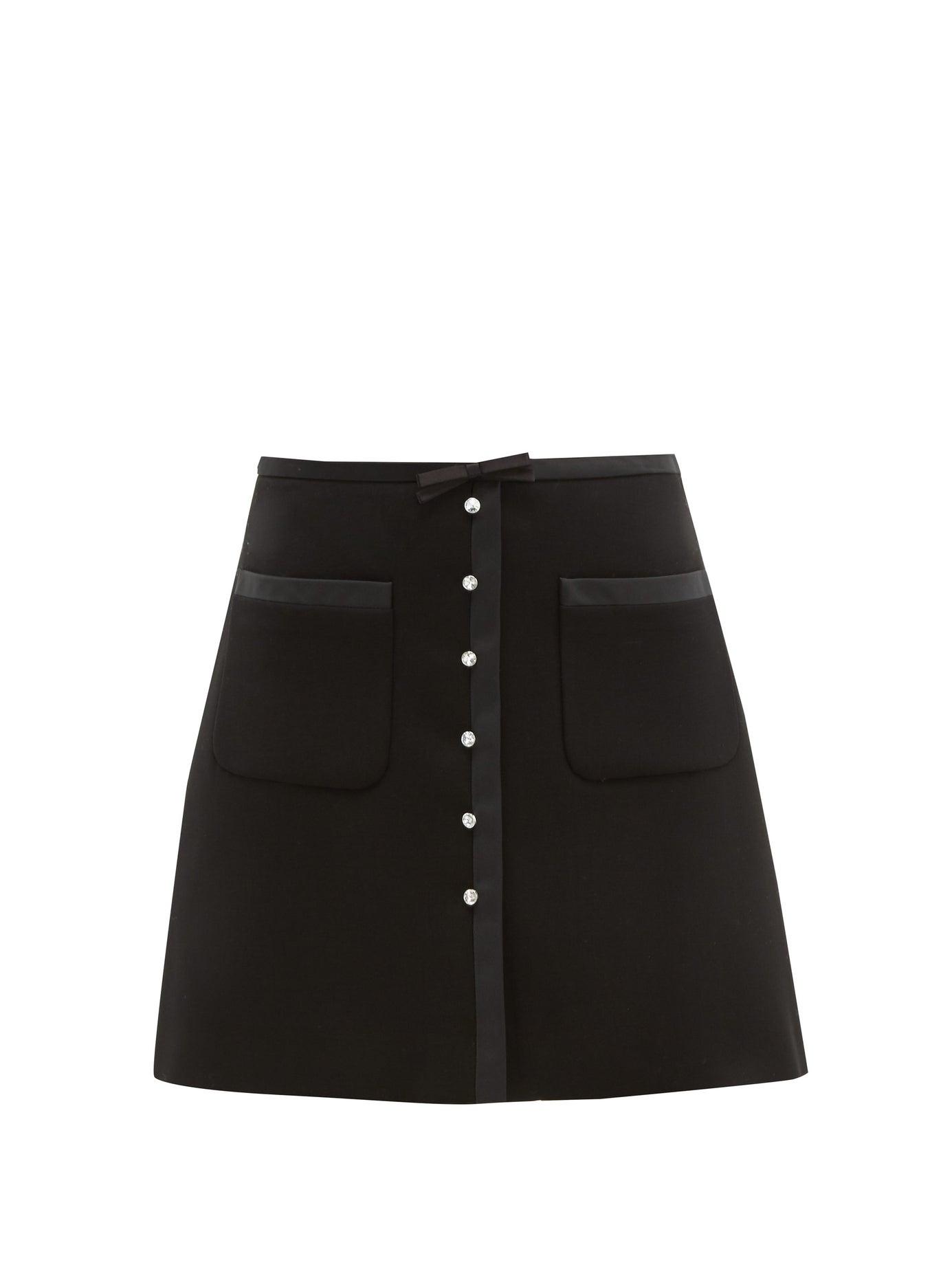 Miu Miu Crystal Embellished Satin Trimmed Wool Blend Skirt in Nero ...