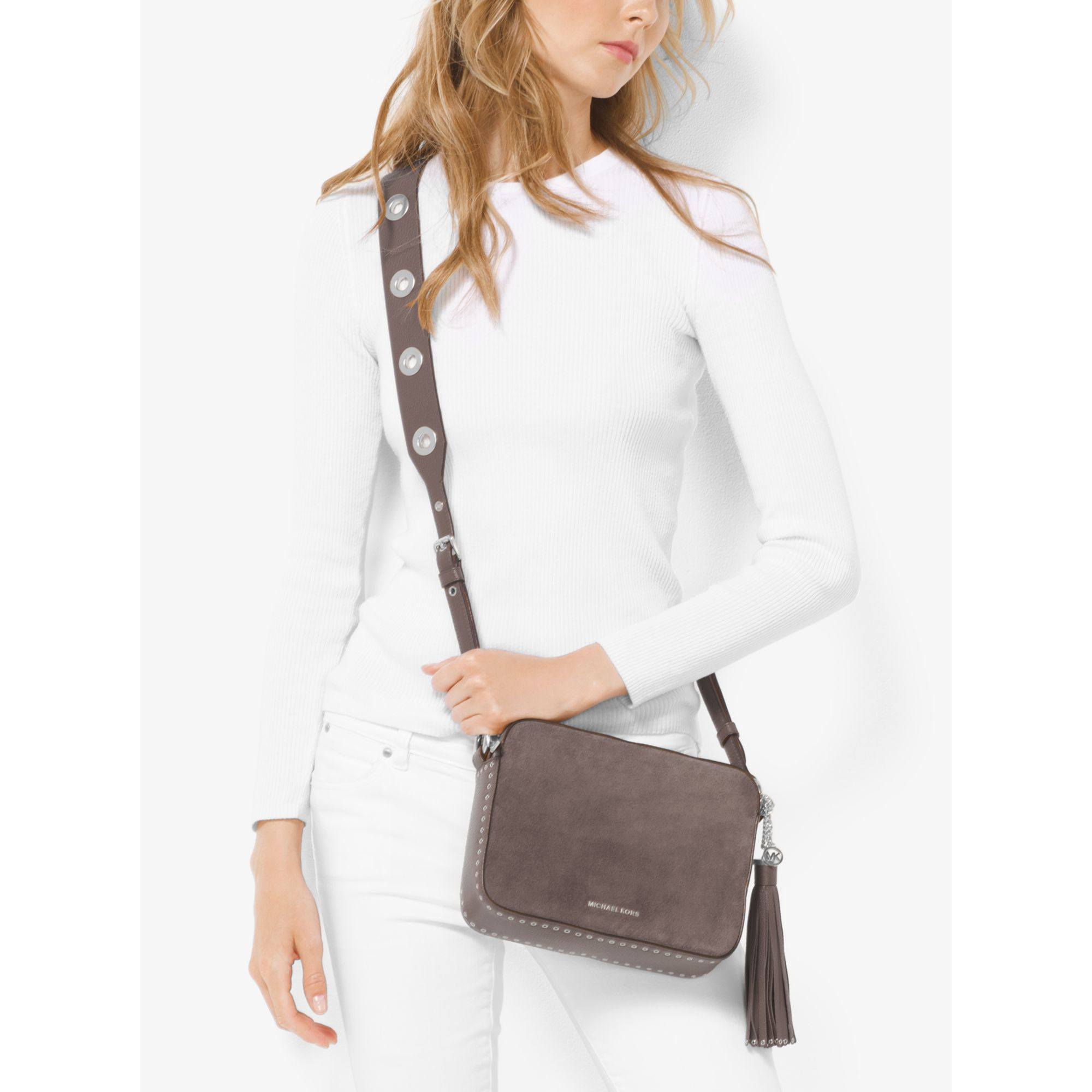 Lyst Michael Kors Brooklyn Large Suede Camera Bag Gallery Women S Camera Bags
