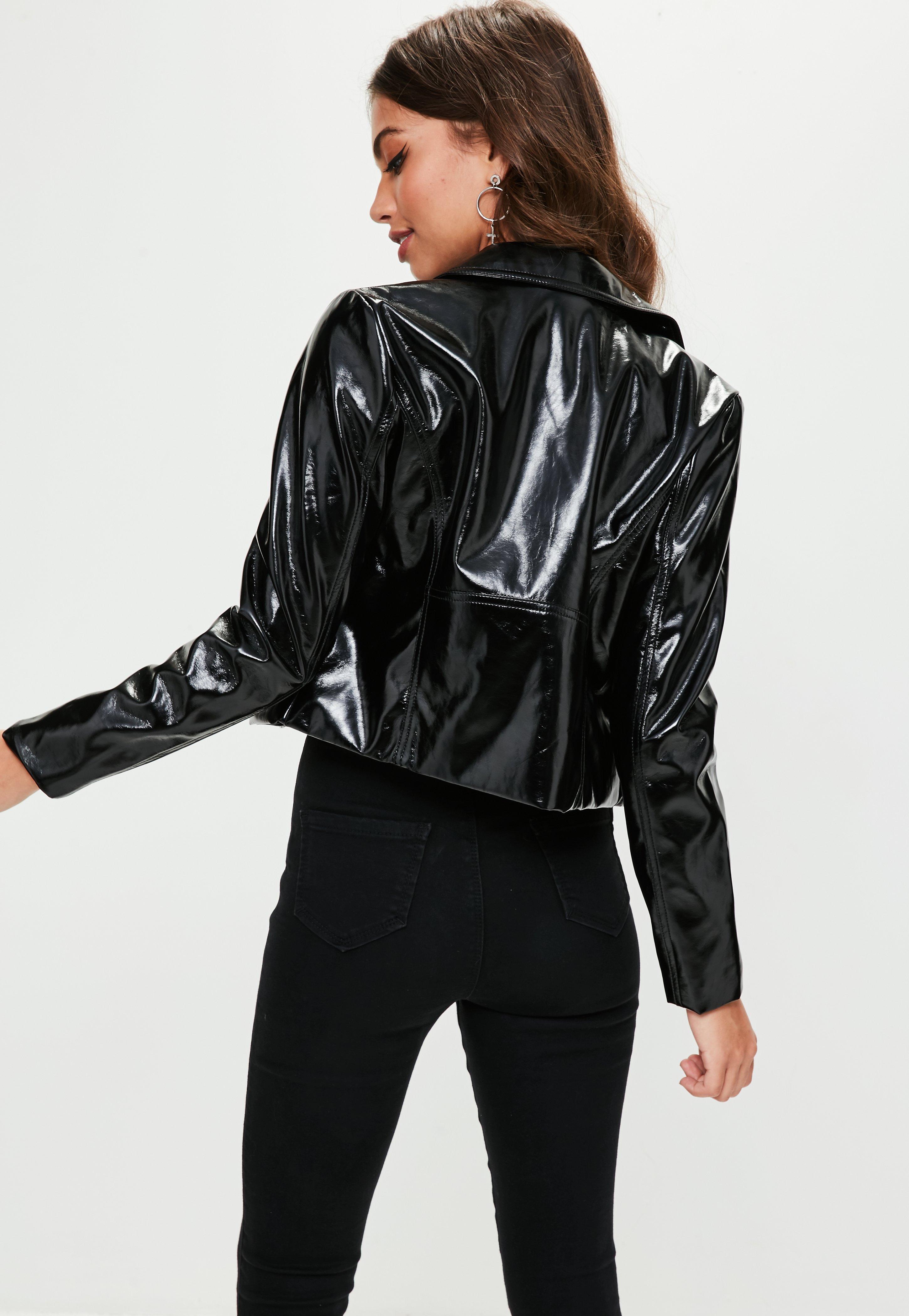 Lyst - Missguided Black Patent Faux Leather Biker Jacket in Black