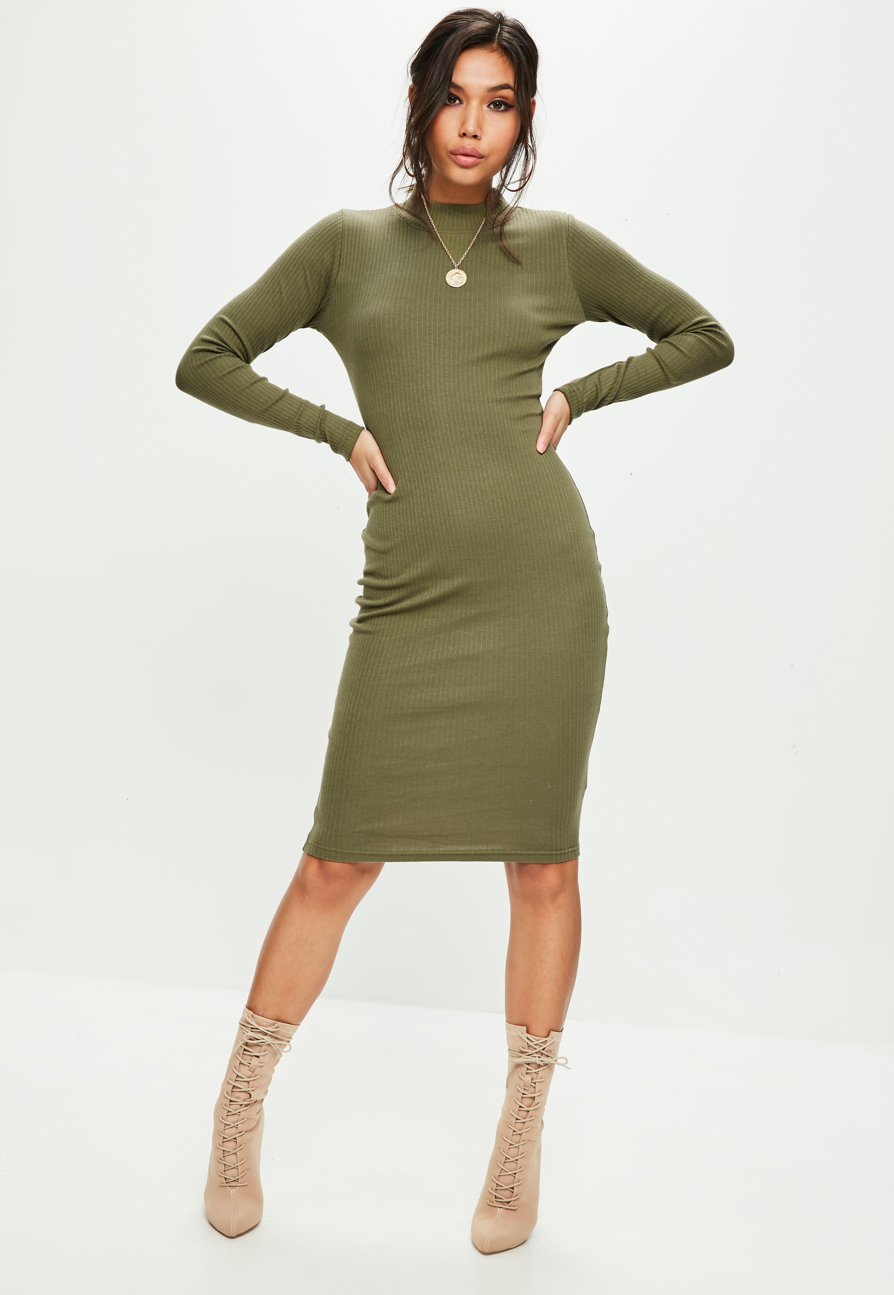 Lyst - Missguided Khaki High Neck Midi Dress in Green