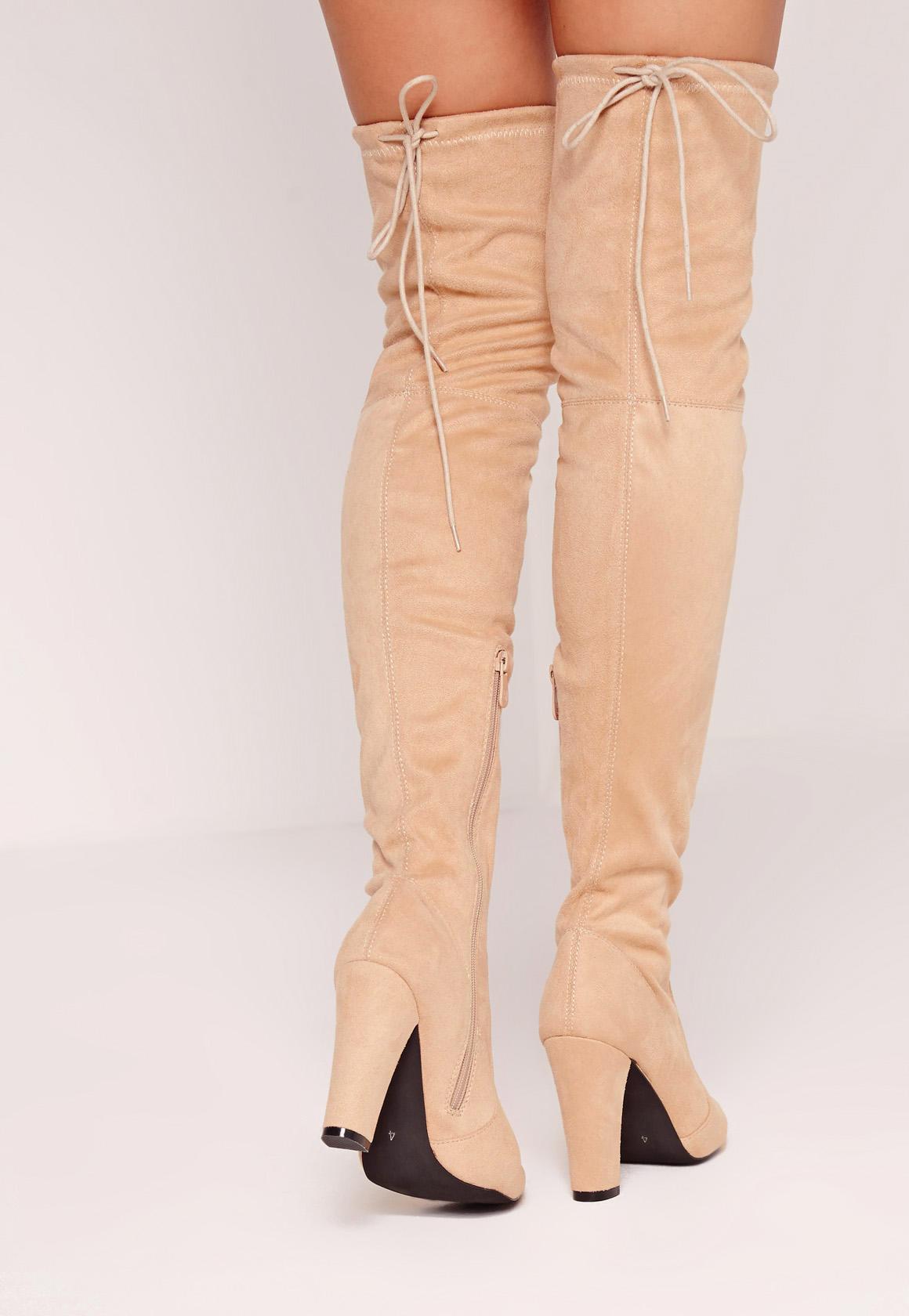Lyst Missguided Nude Faux Suede Over The Knee Heeled Boots In Blue