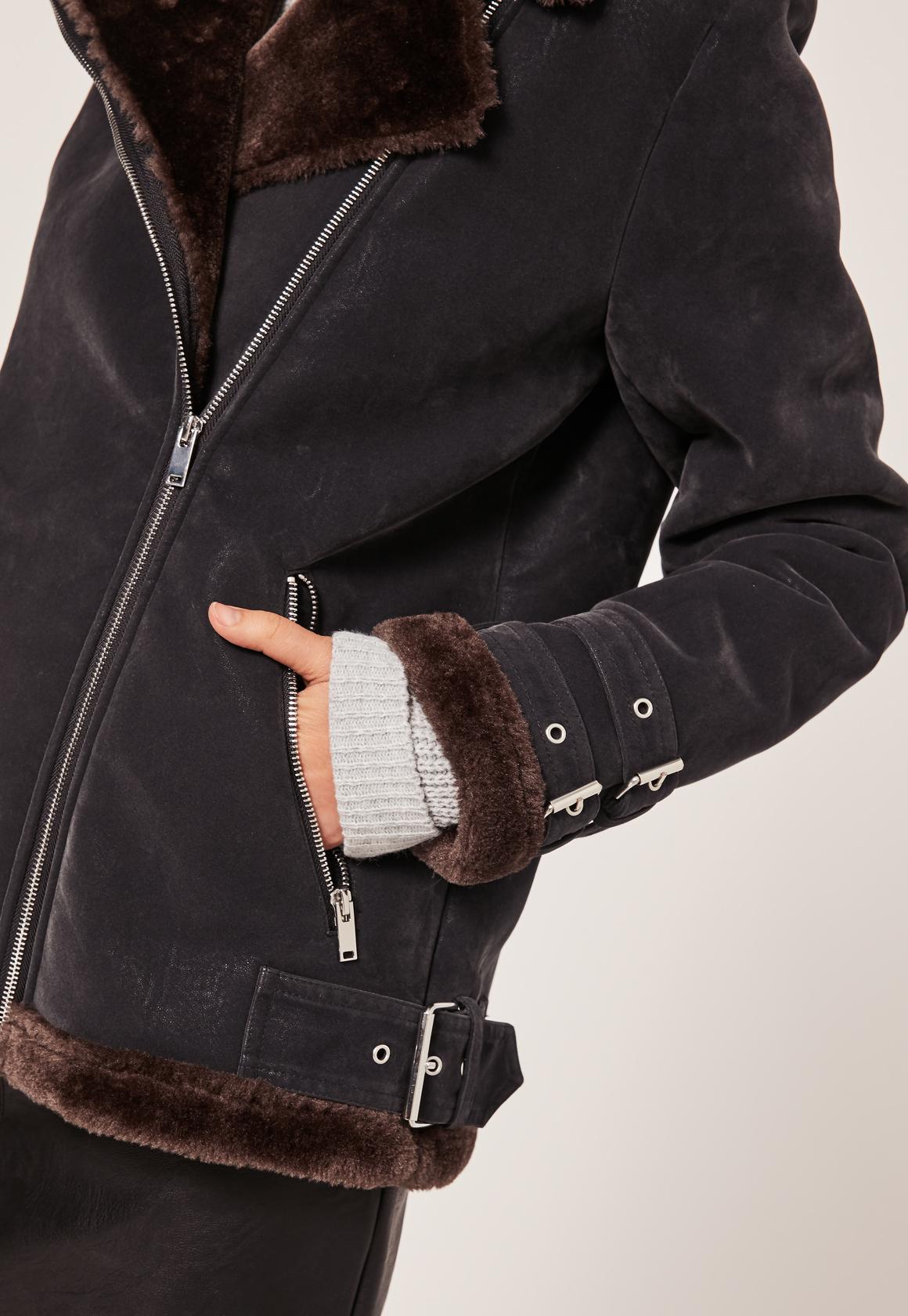 Lyst Missguided Black And Brown Faux Fur Lined Aviator Jacket in Black