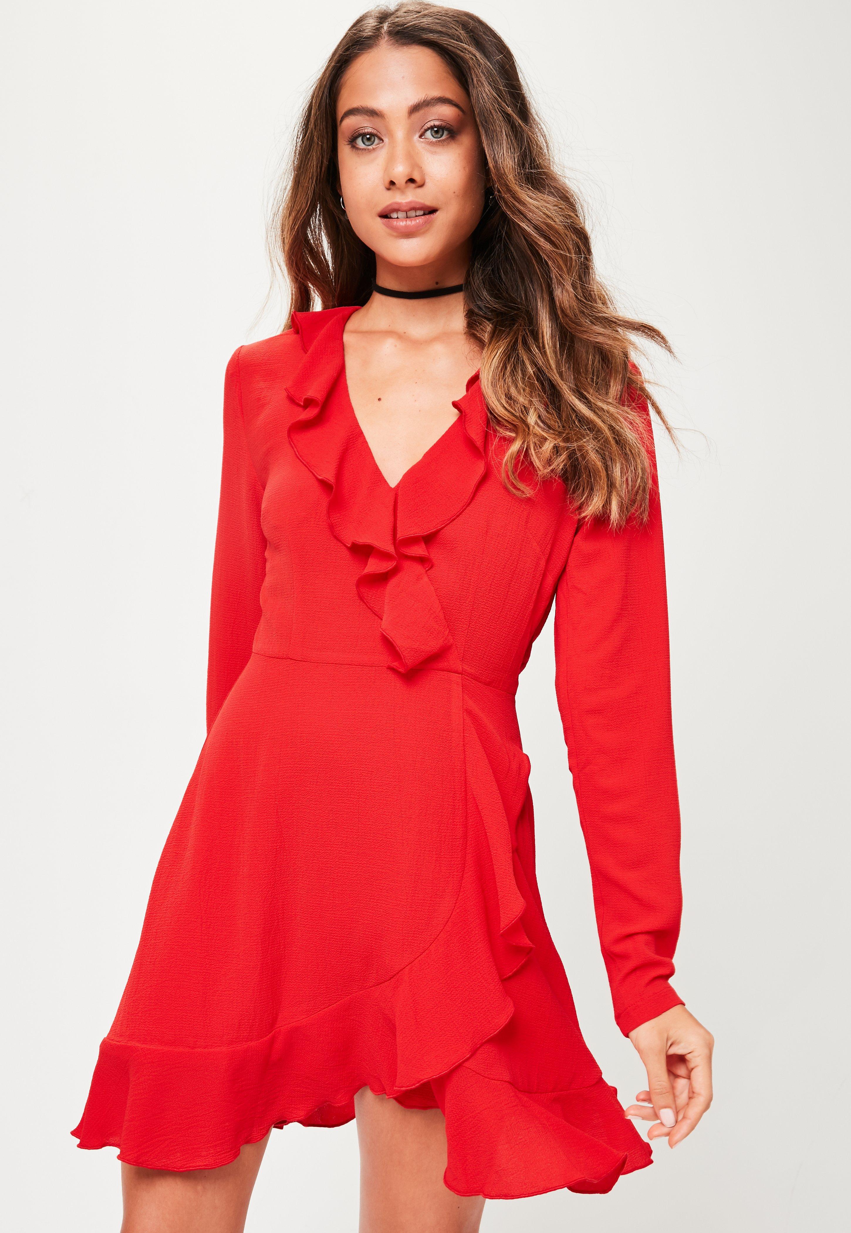 Lyst - Missguided Red Long Sleeve Plain Ruffle Tea Dress in Red