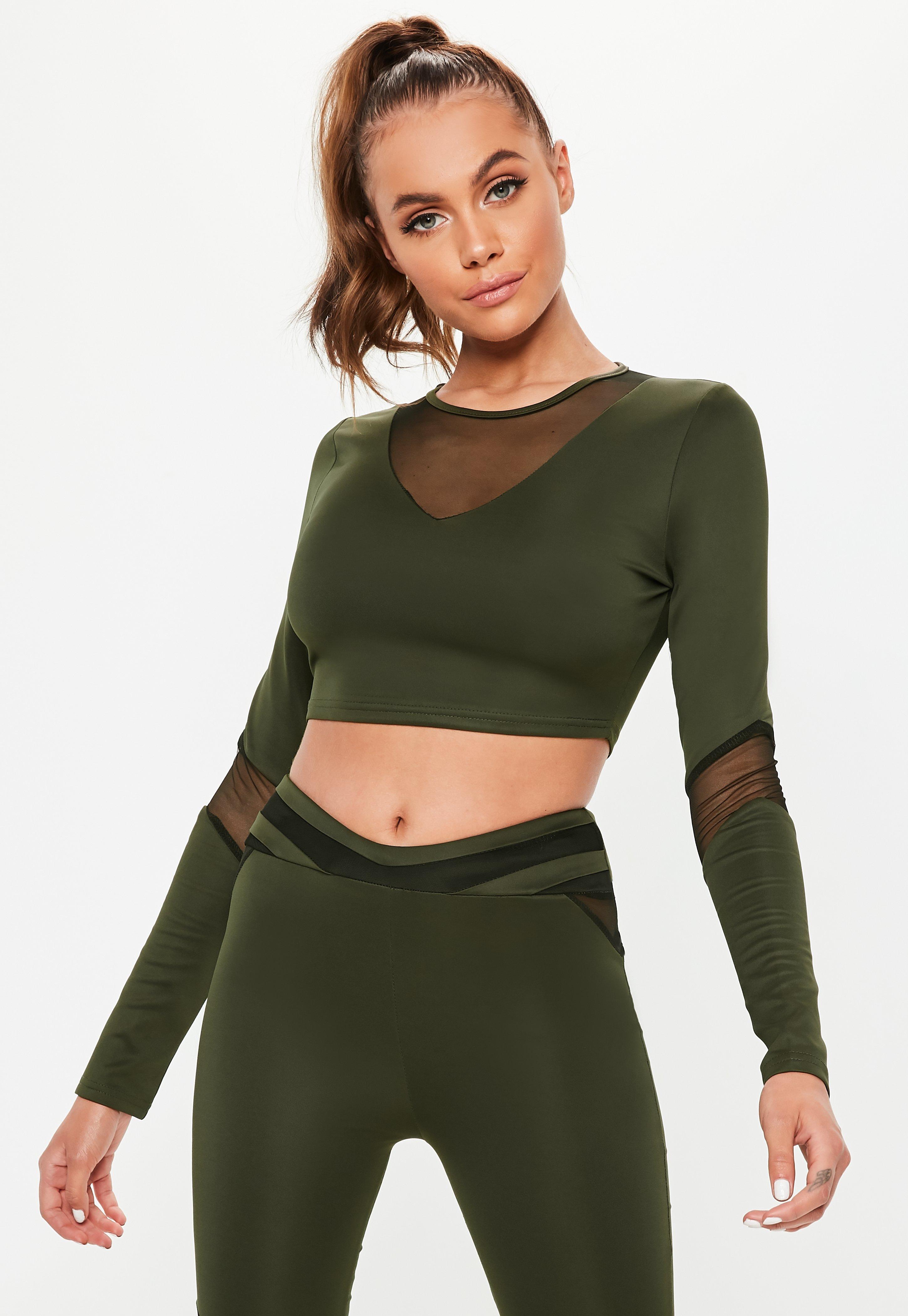 Lyst - Missguided Active Khaki Mesh Insert Cropped Long Sleeve Top in Green