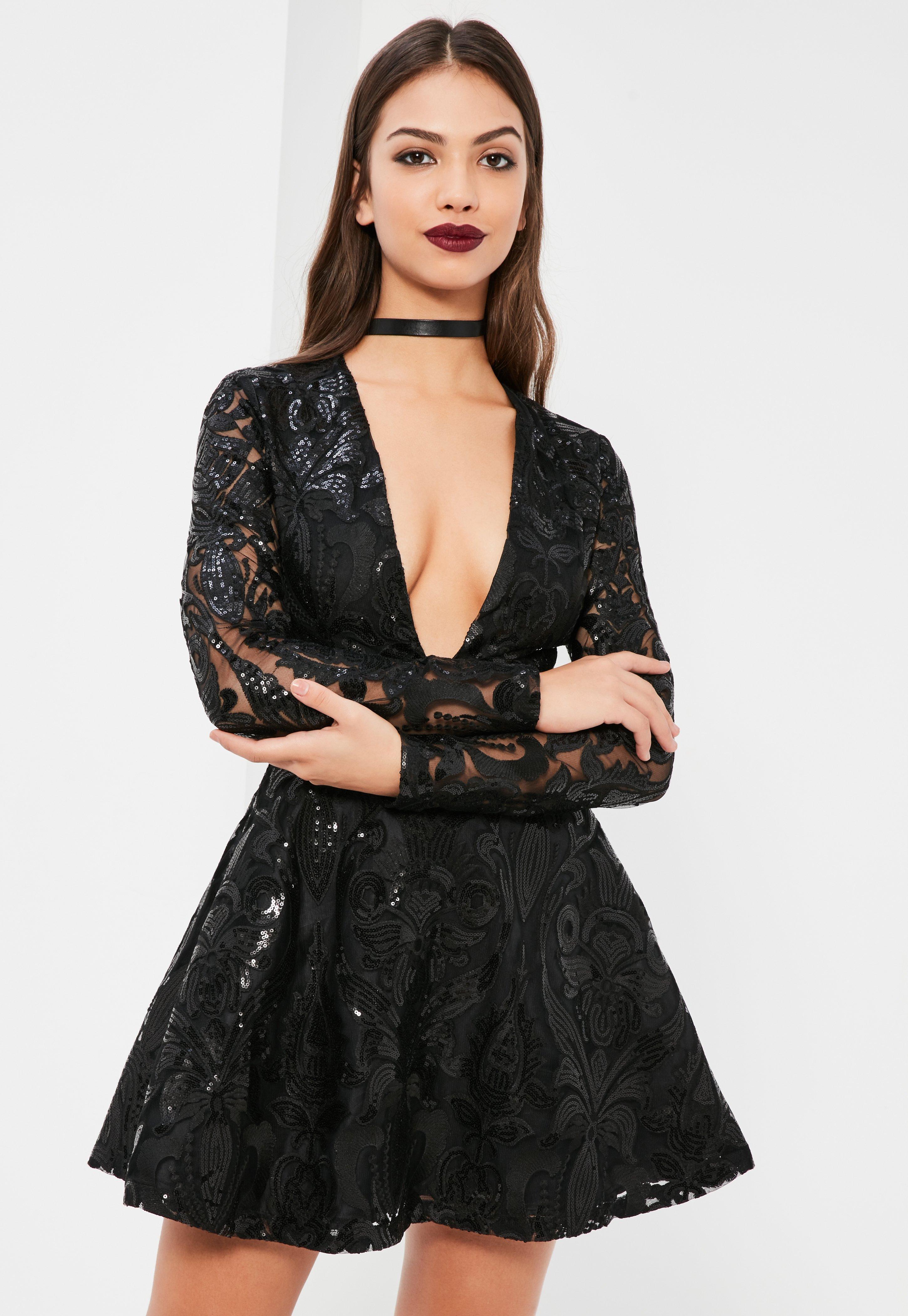 Lyst Missguided Black  Sequin Plunge Long  Sleeve  Skater  