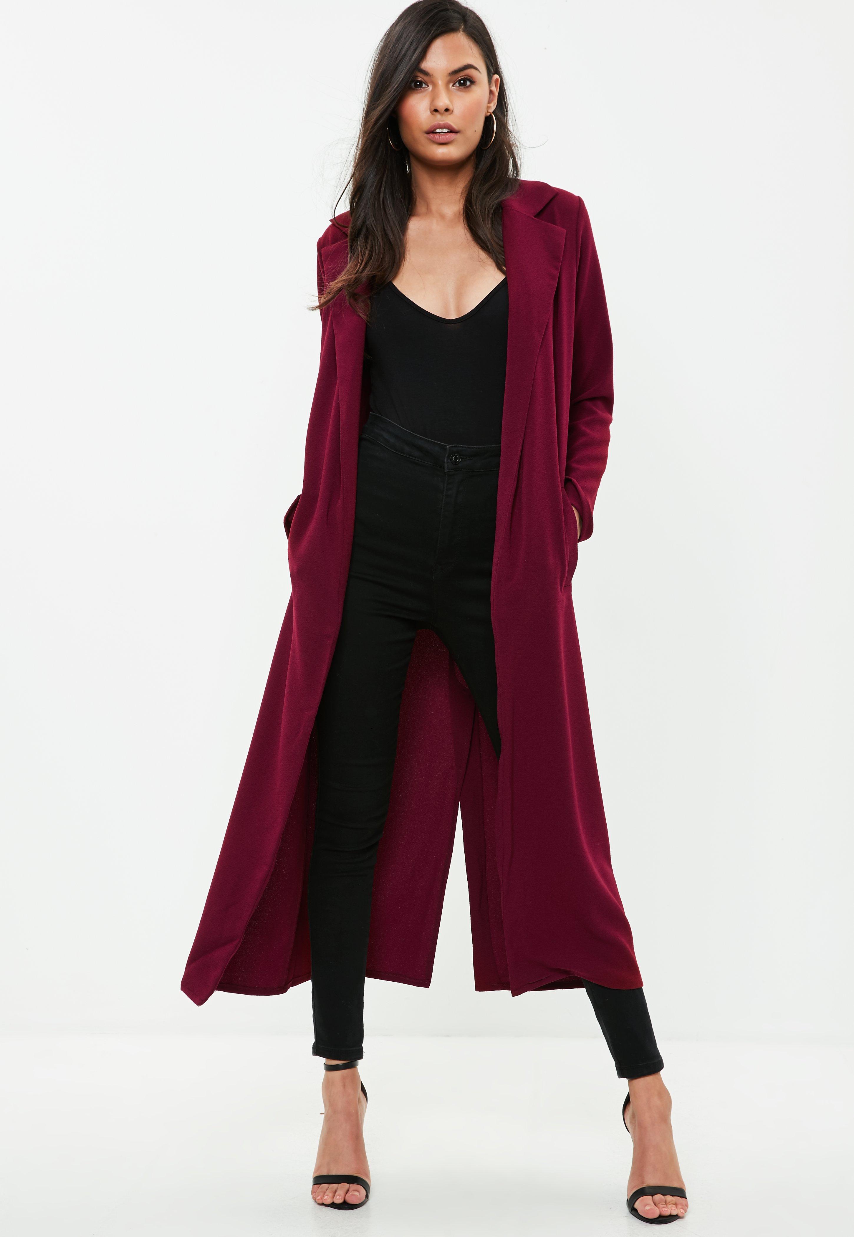 Lyst Missguided Burgundy Long Sleeved Maxi Duster Jacket In Red