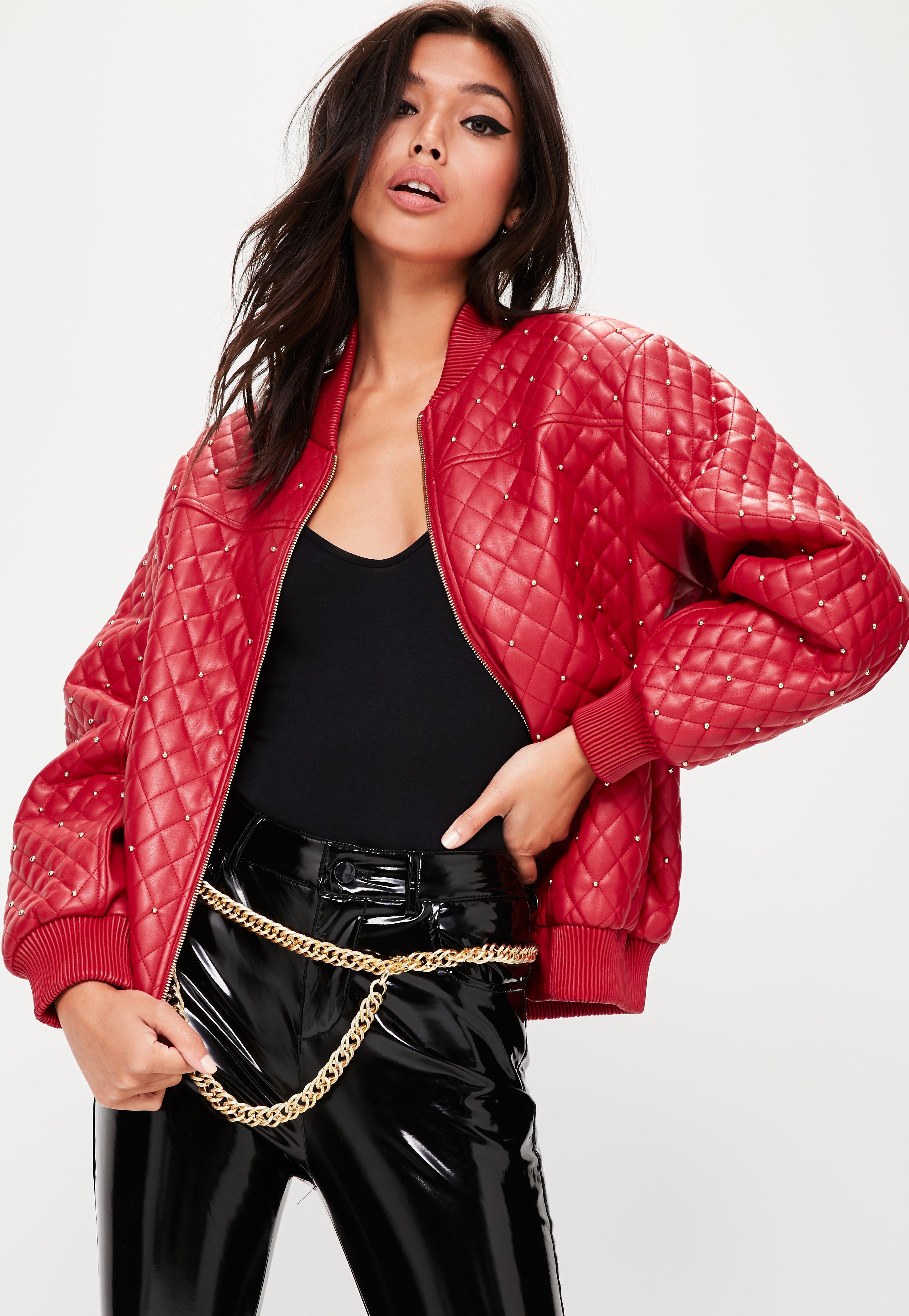 Lyst - Missguided Red Quilted Studded Bomber Jacket in Red