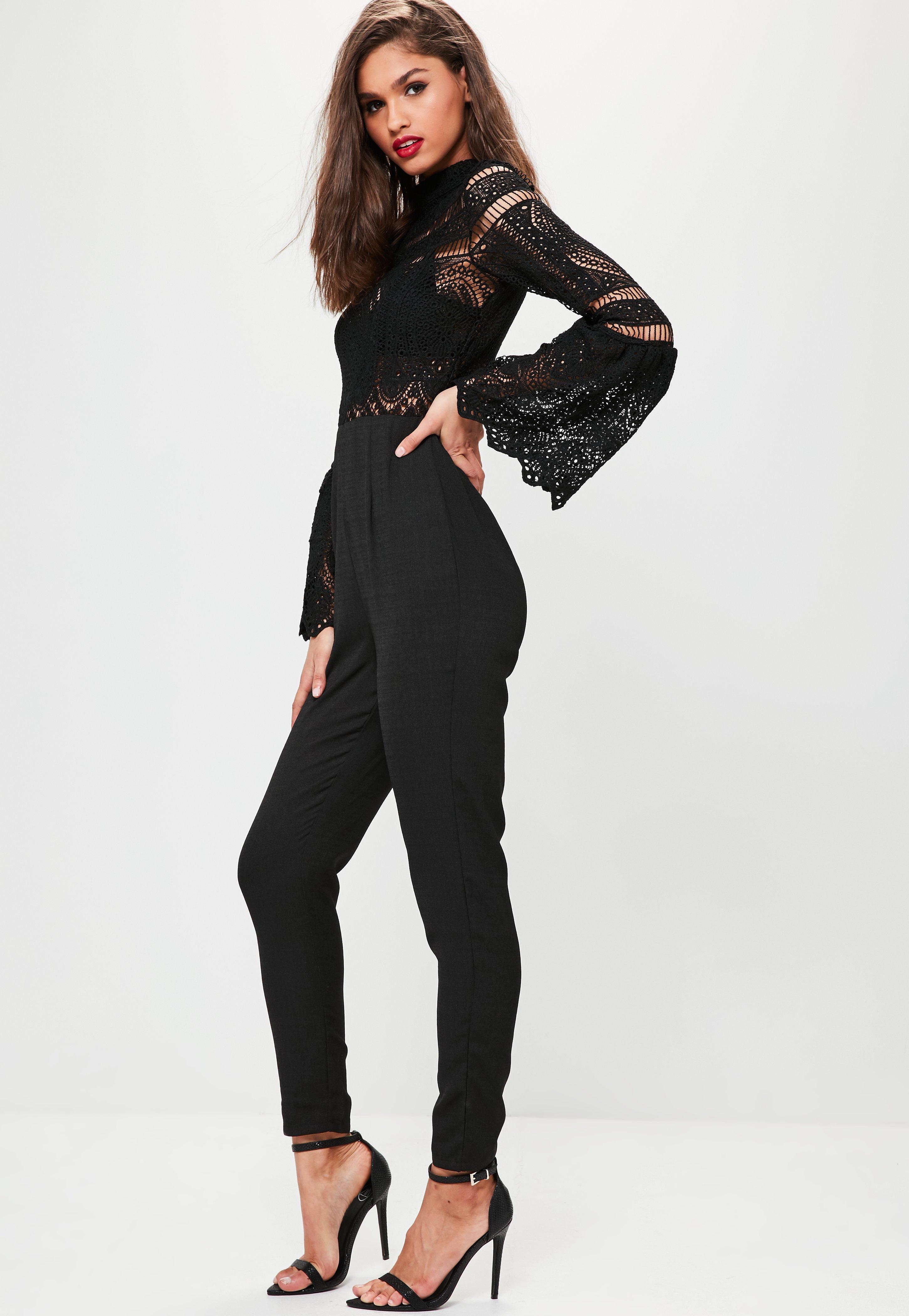 Lyst - Missguided Black Crochet Lace Top Flare Sleeve Jumpsuit in Black
