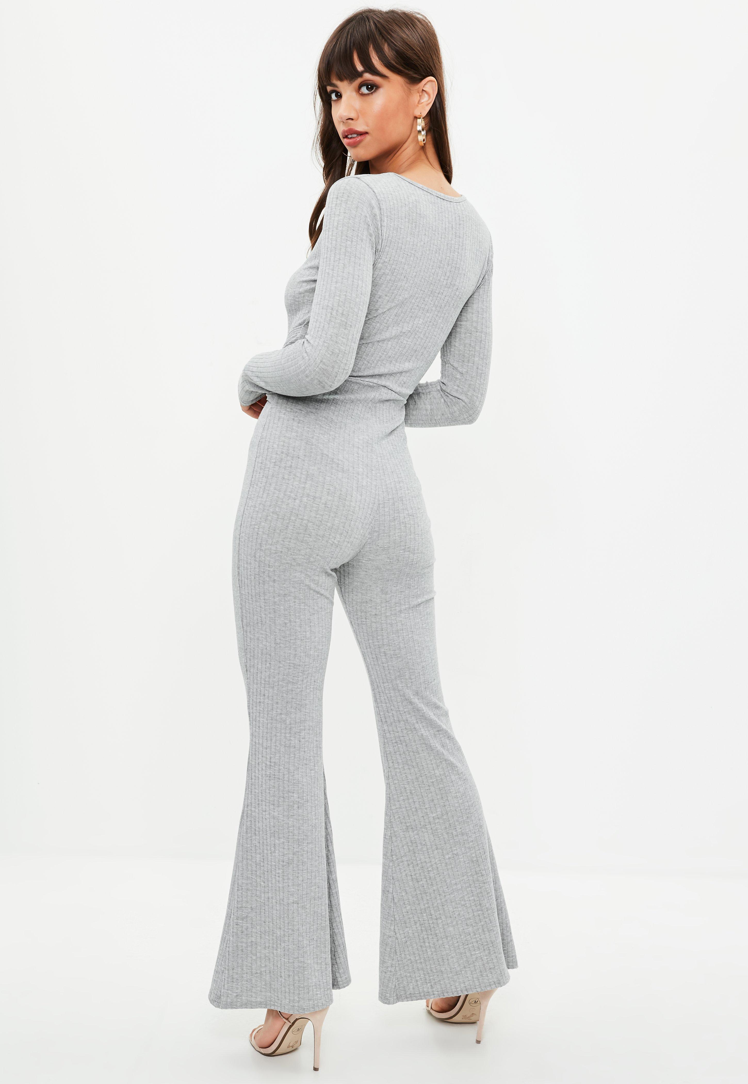 Lyst - Missguided Grey V Front Ribbed Tie Waist Jumpsuit in Gray