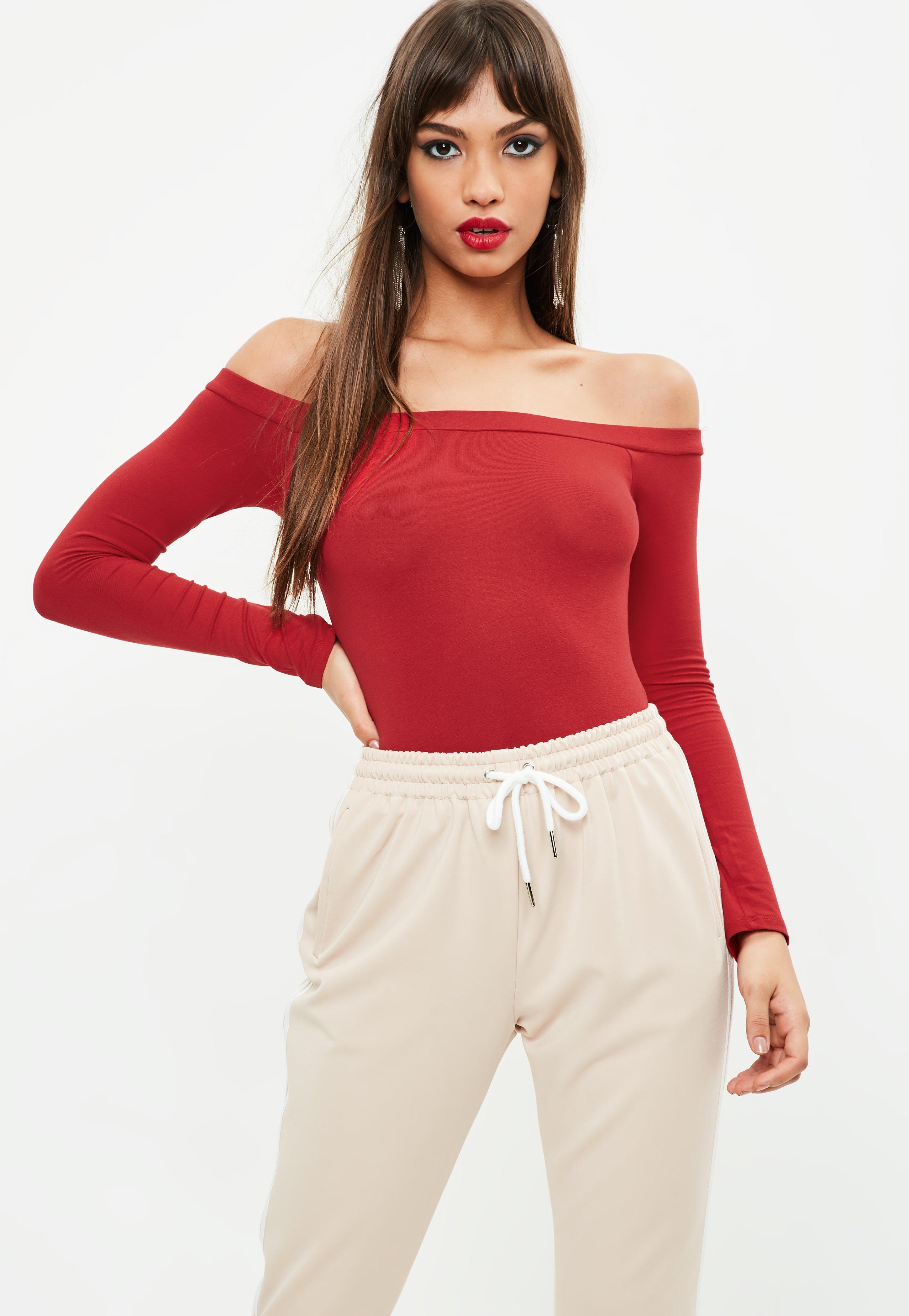 Lyst Missguided Red Jersey Bardot Bodysuit In Red