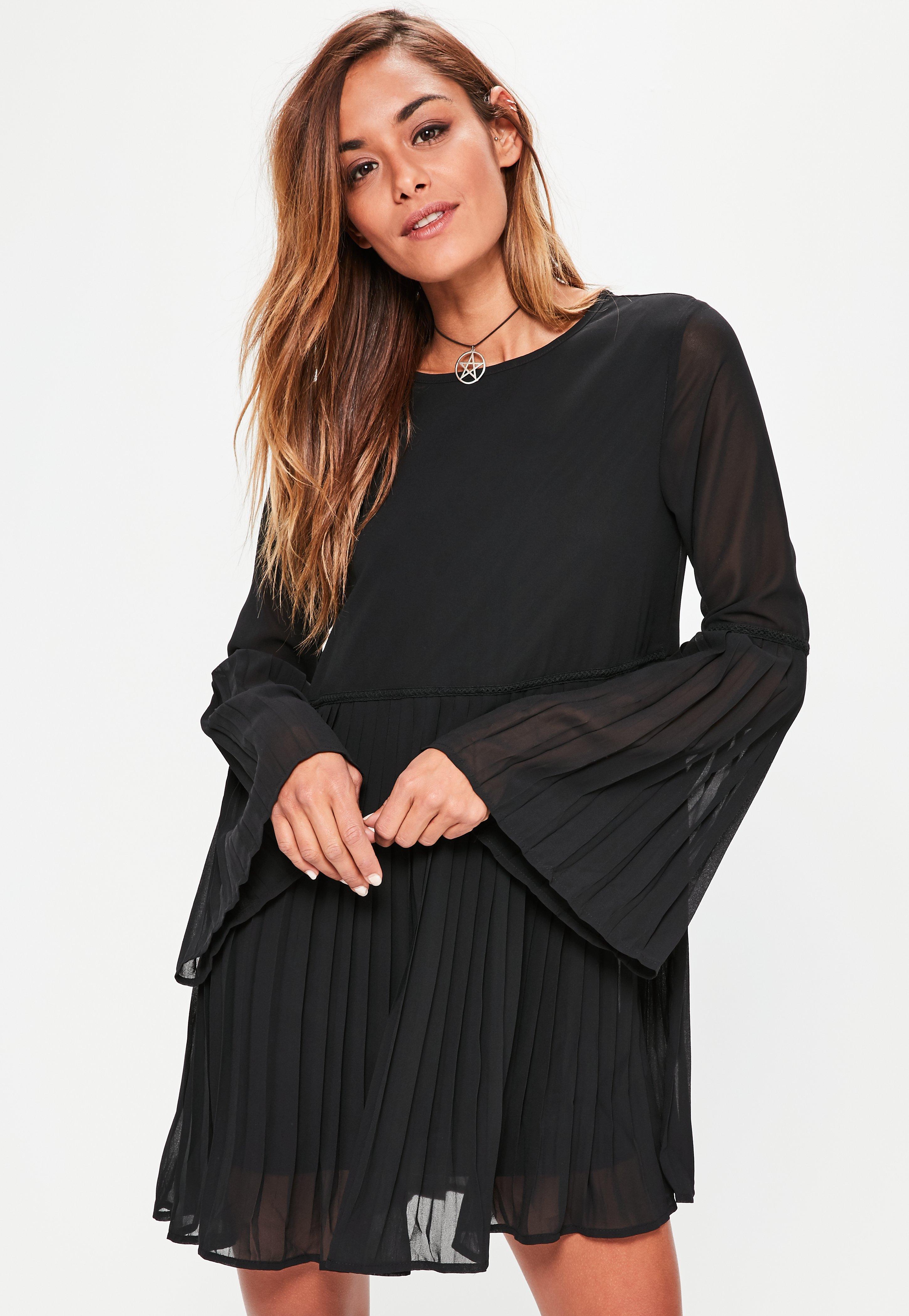 Missguided Black Long Sleeve Pleated Swing Dress - Lyst