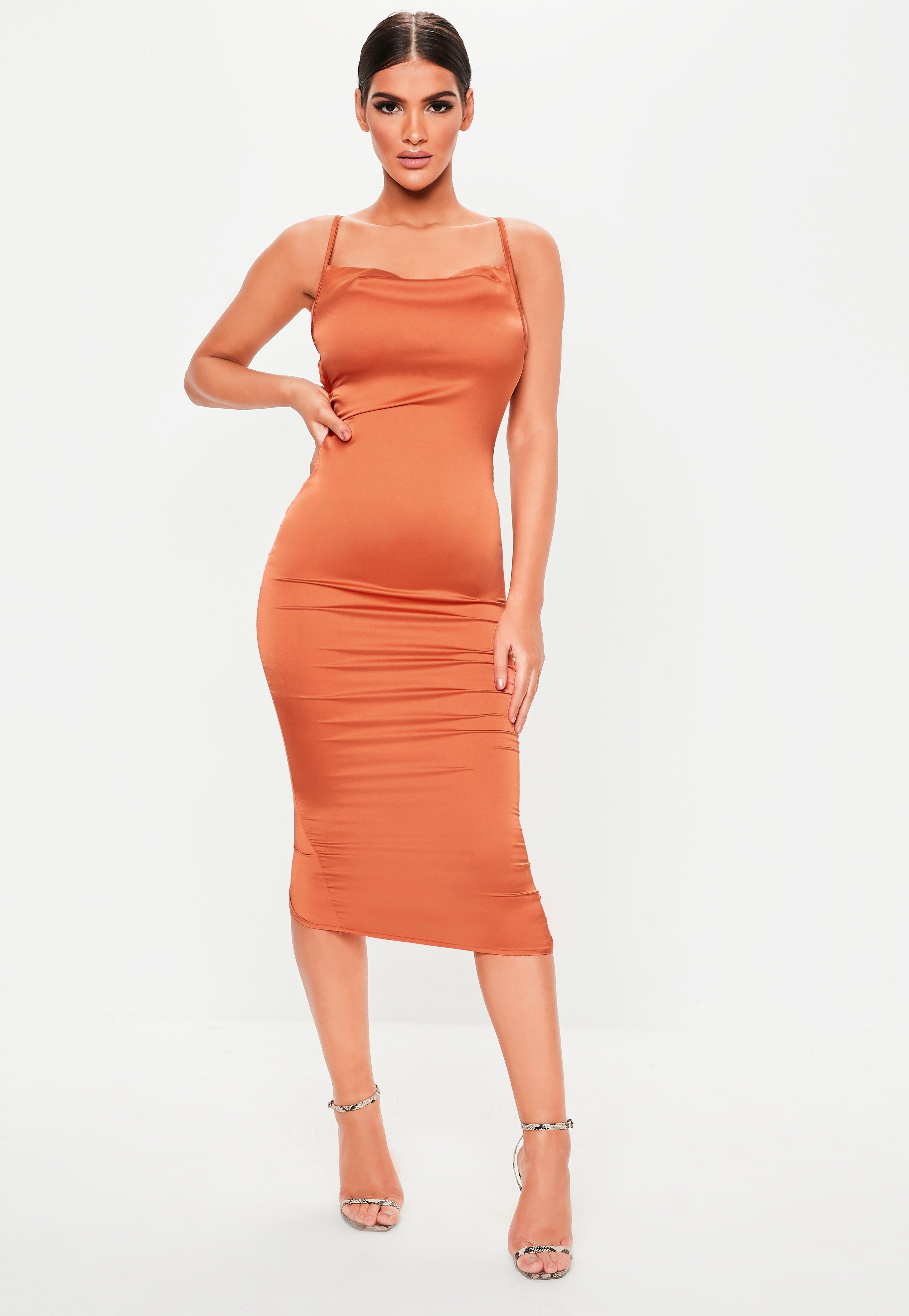 Missguided Rust Satin Lace Up Back Midi Dress in Orange Lyst