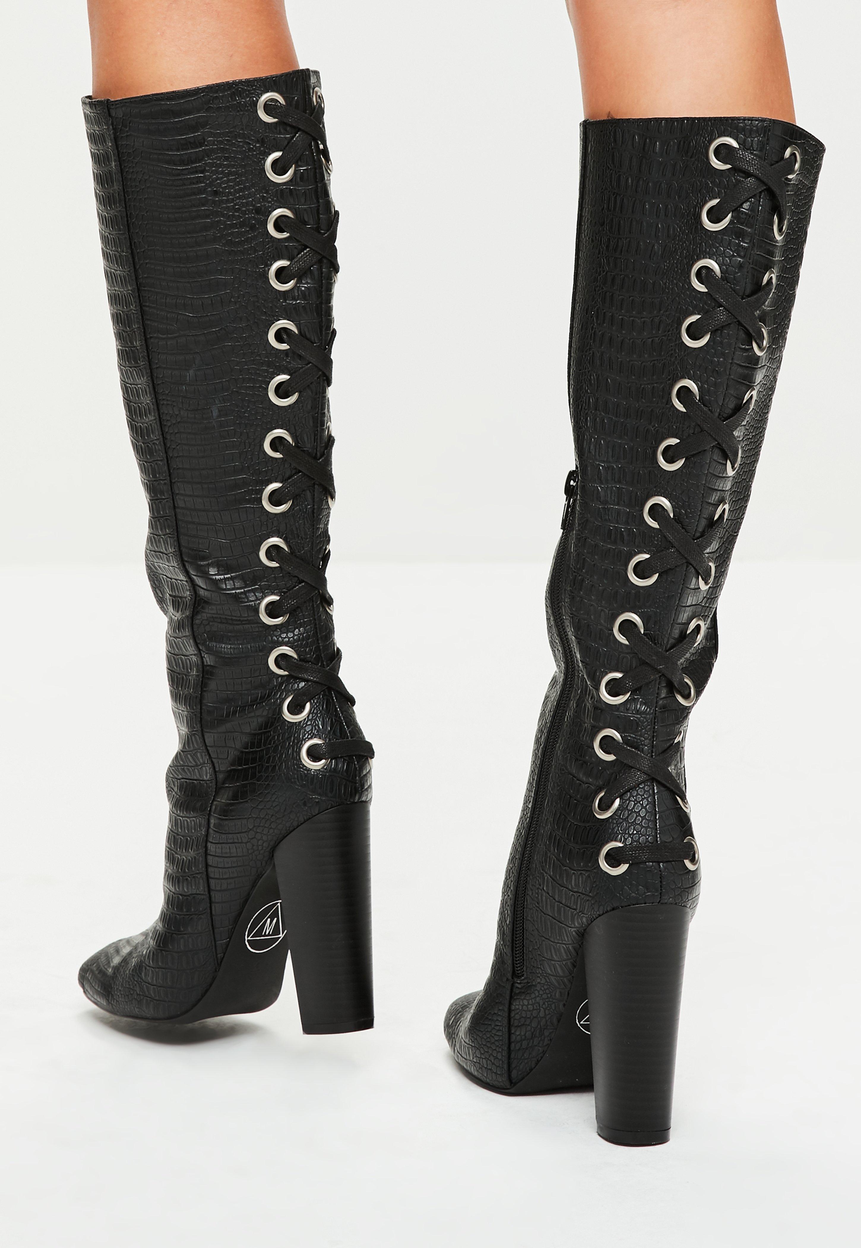 Lyst - Missguided Black Snake Print Lace Up Knee High Boots in Black