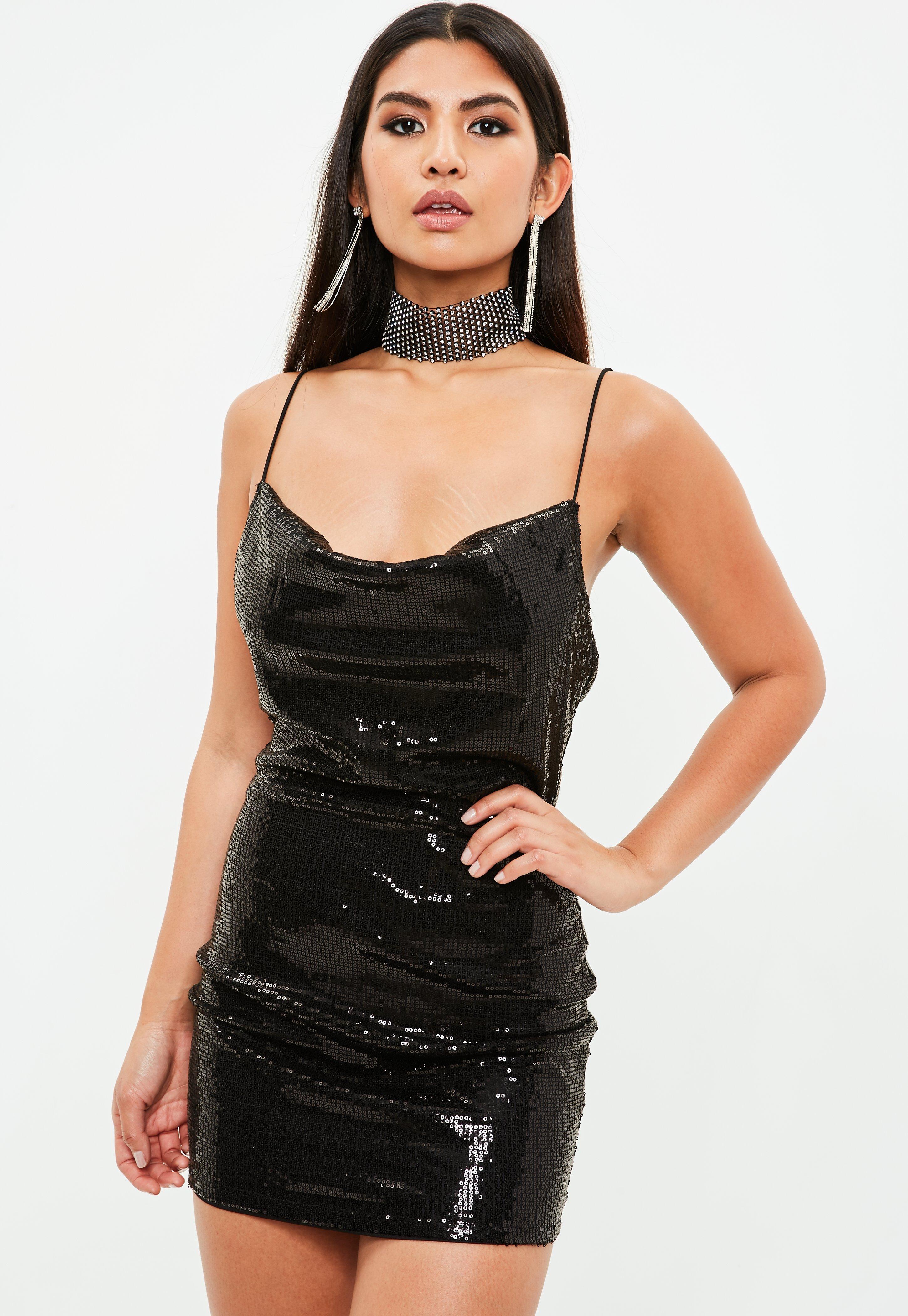 Lyst - Missguided Black Strappy Sequin Cowl Bodycon Dress in Black