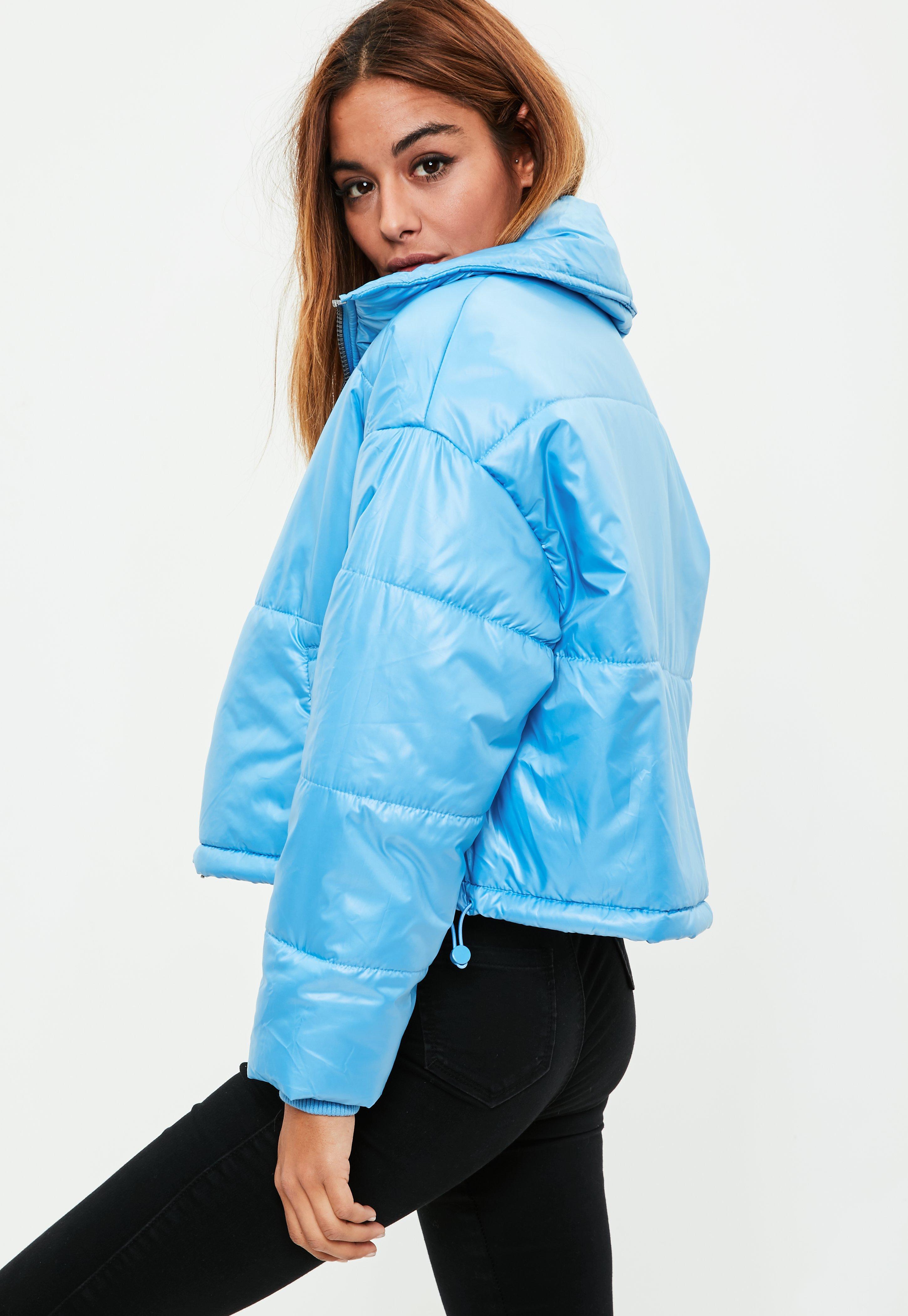Missguided Blue High Shine Cropped Puffer Jacket In Lyst Gallery