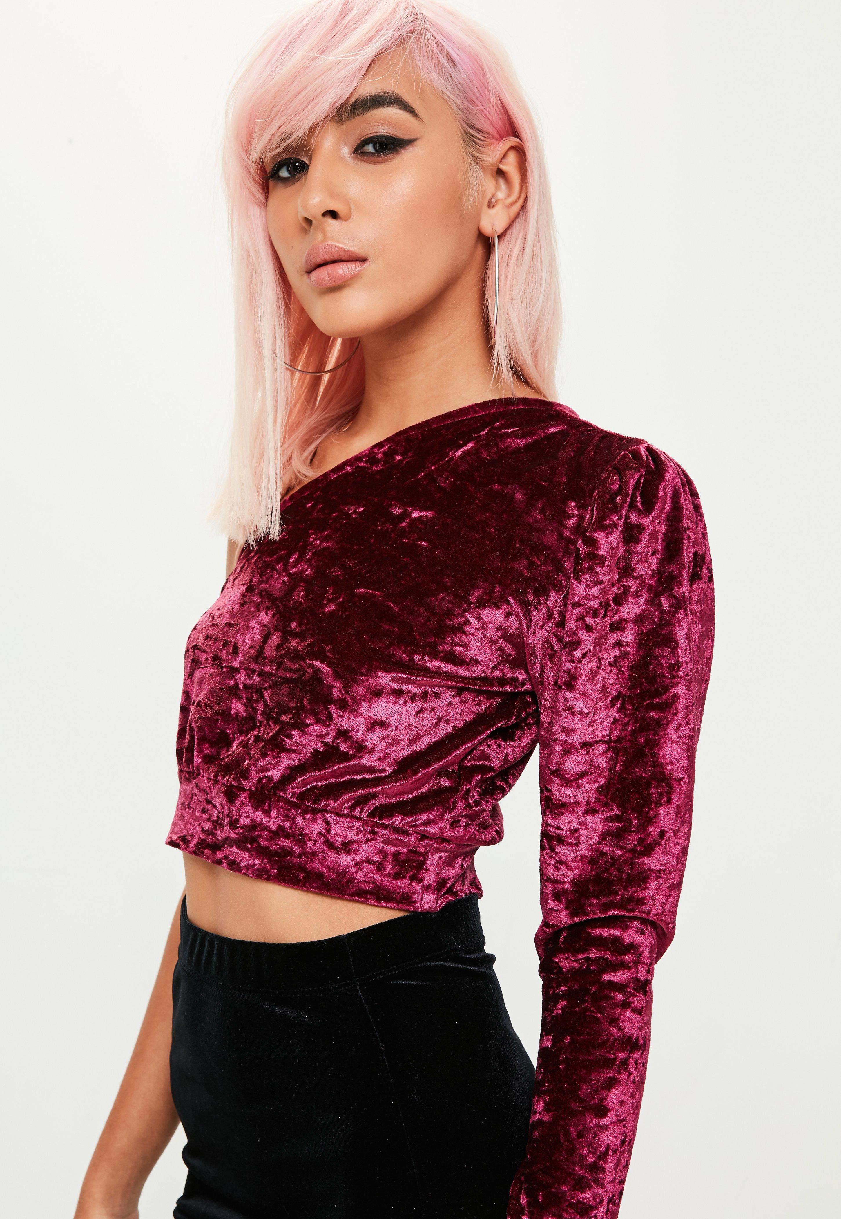  Missguided  Burgundy Velvet One Shoulder Crop Top Lyst 