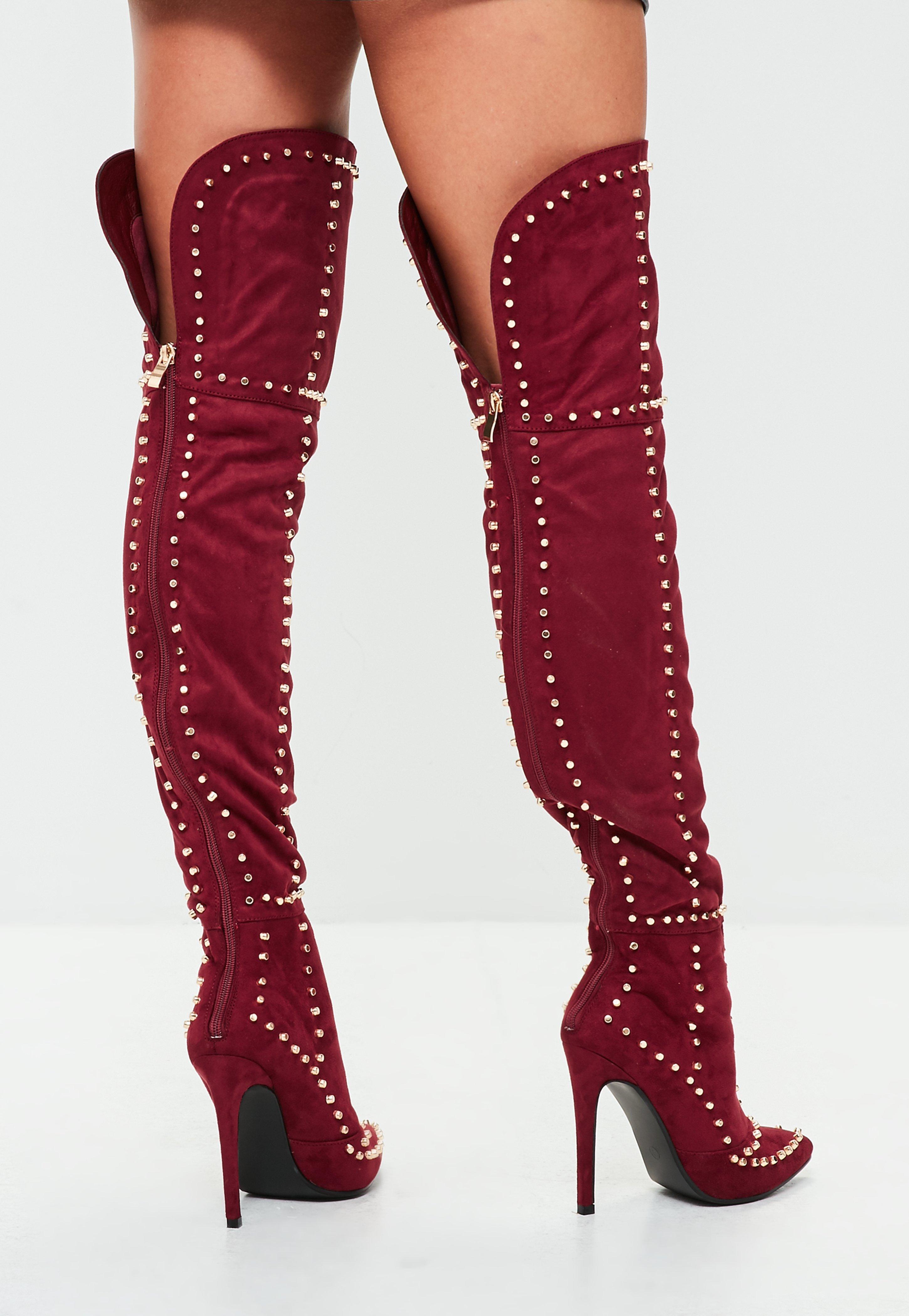 Lyst - Missguided Burgundy Multi Studded Thigh High Boots in Red