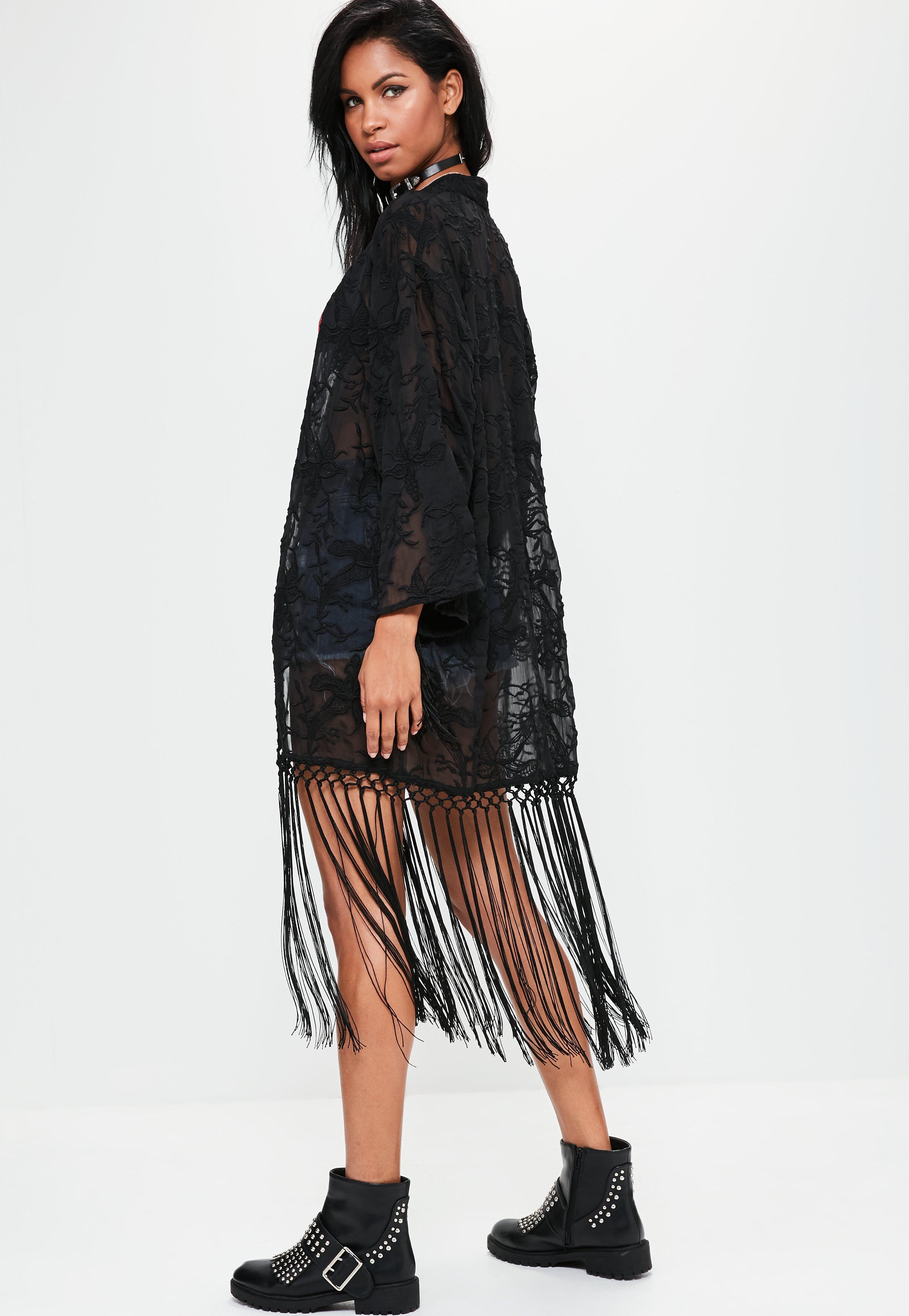 Lyst Missguided Premium Black Tassel Embroidered Kimono in Black