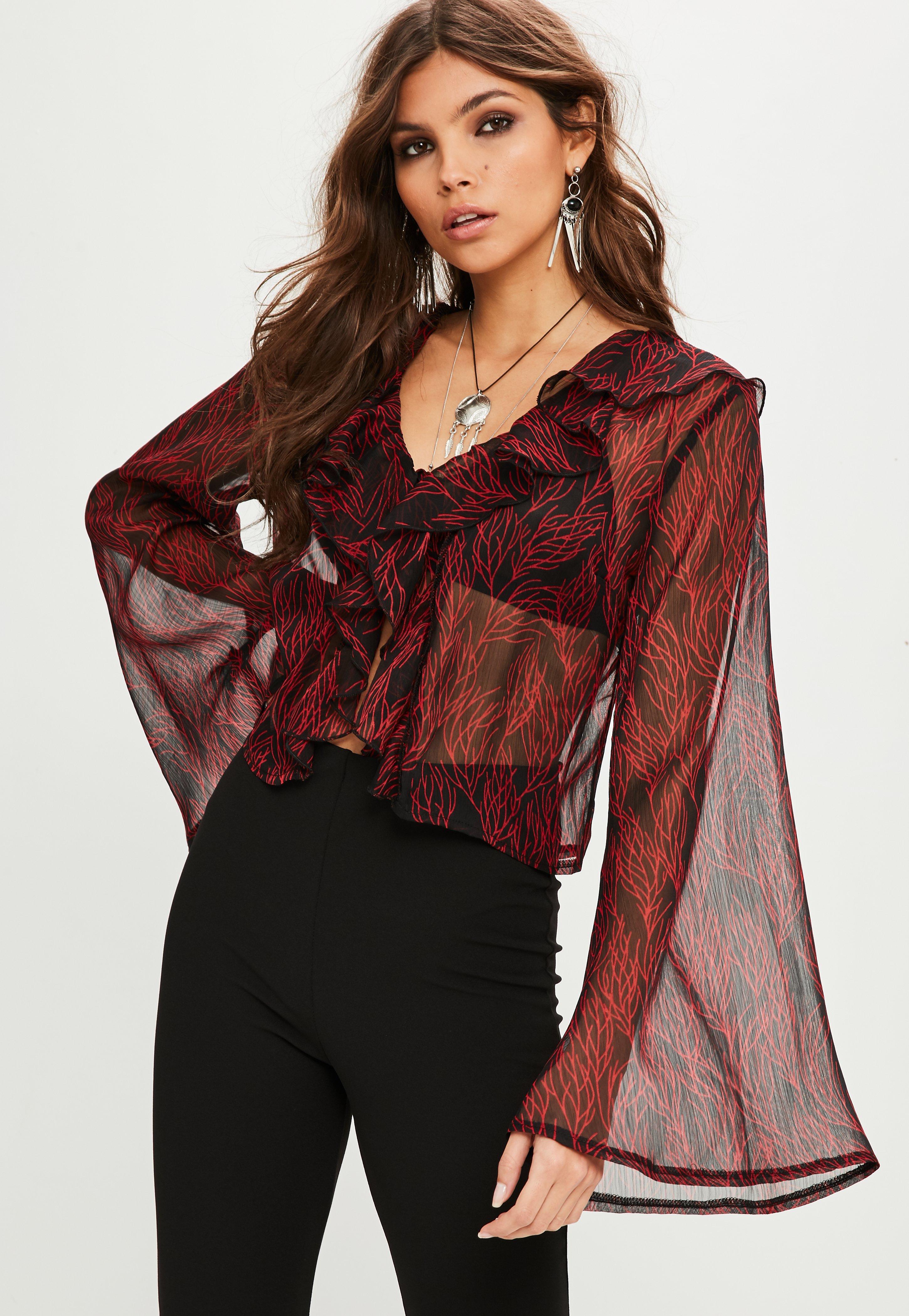 Lyst - Missguided Red Feather Print Chiffon Ruffle Blouse in Red
