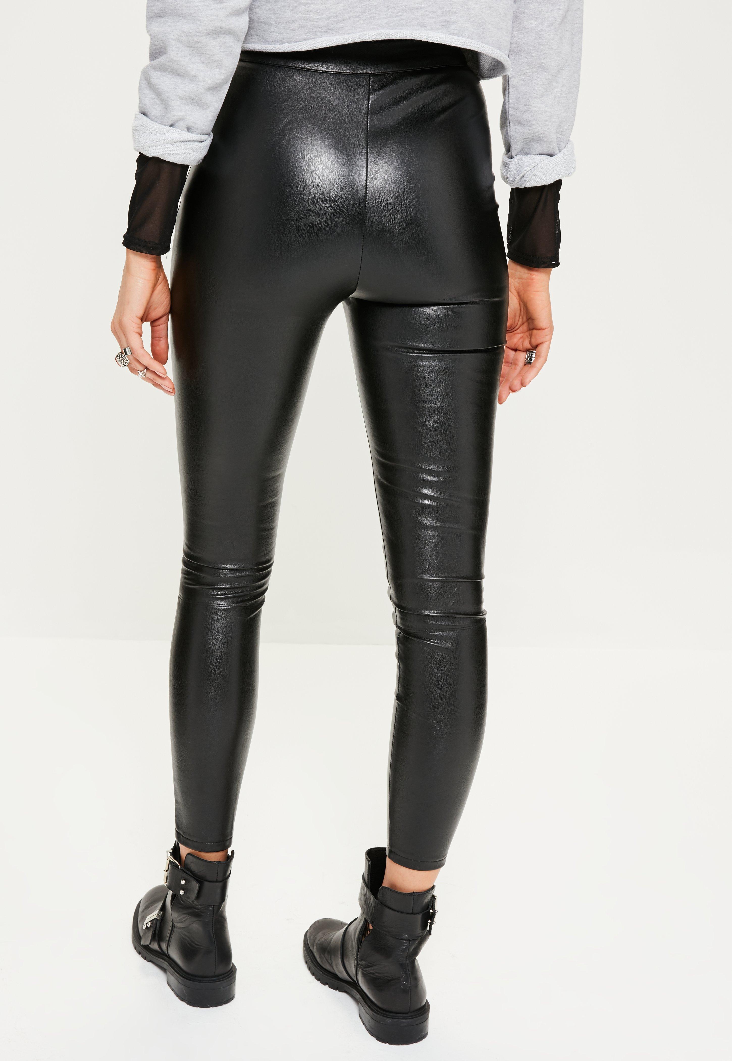 Lyst Missguided Black Lace Up Zip Detail Faux Leather Leggings In Black