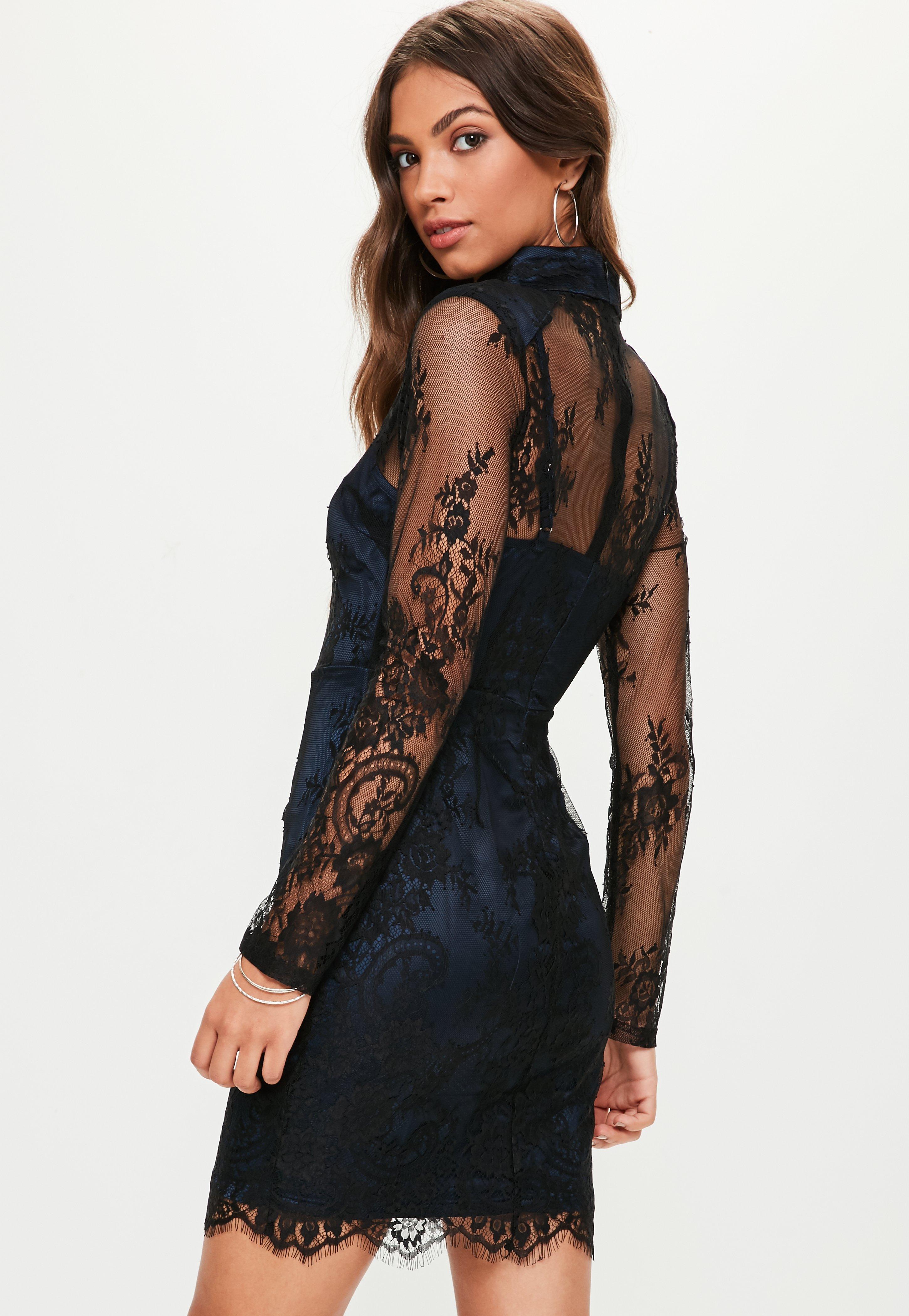 Lyst - Missguided Black Lace High Neck Padded Bodycon Dress in Black