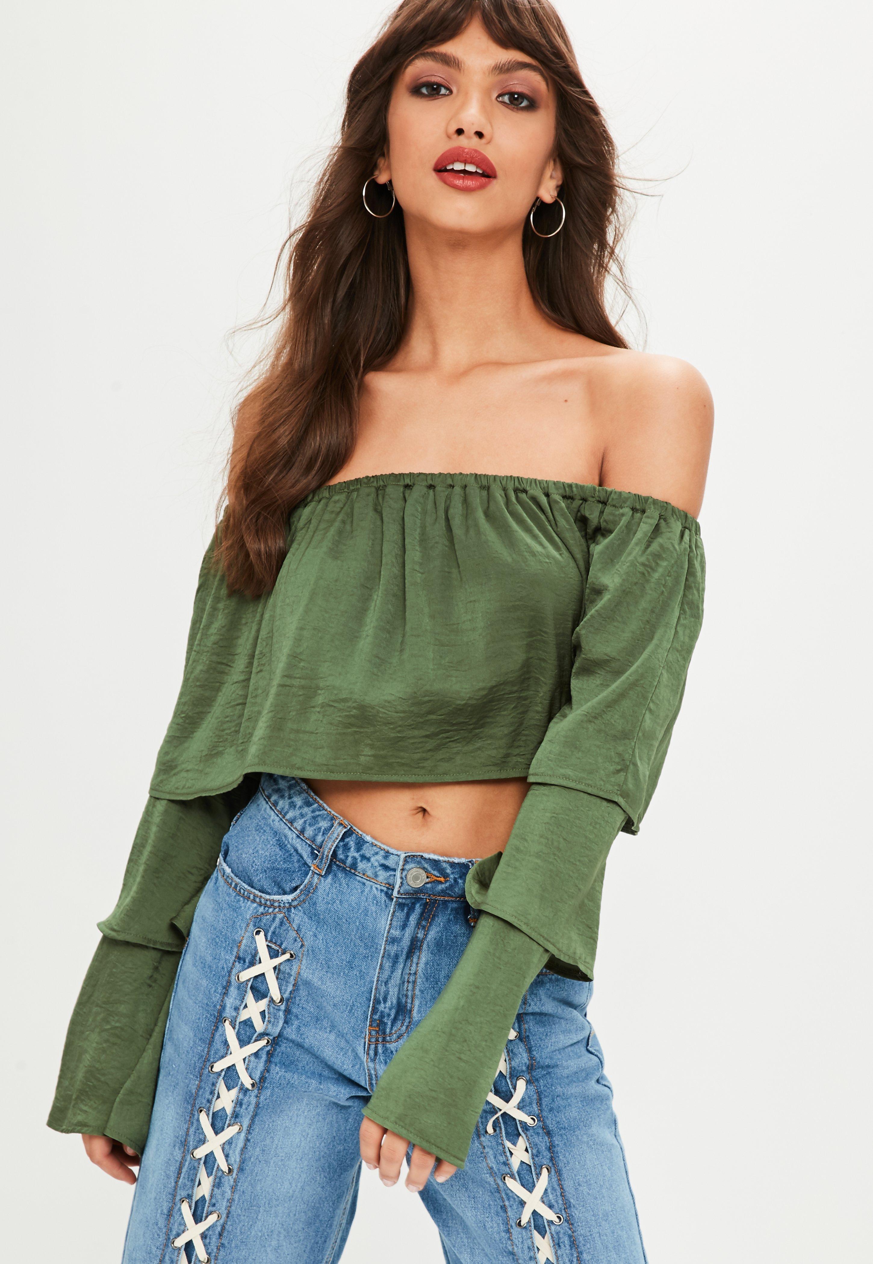 Lyst Missguided Green Satin Tiered Sleeve Bardot Crop Top in Green