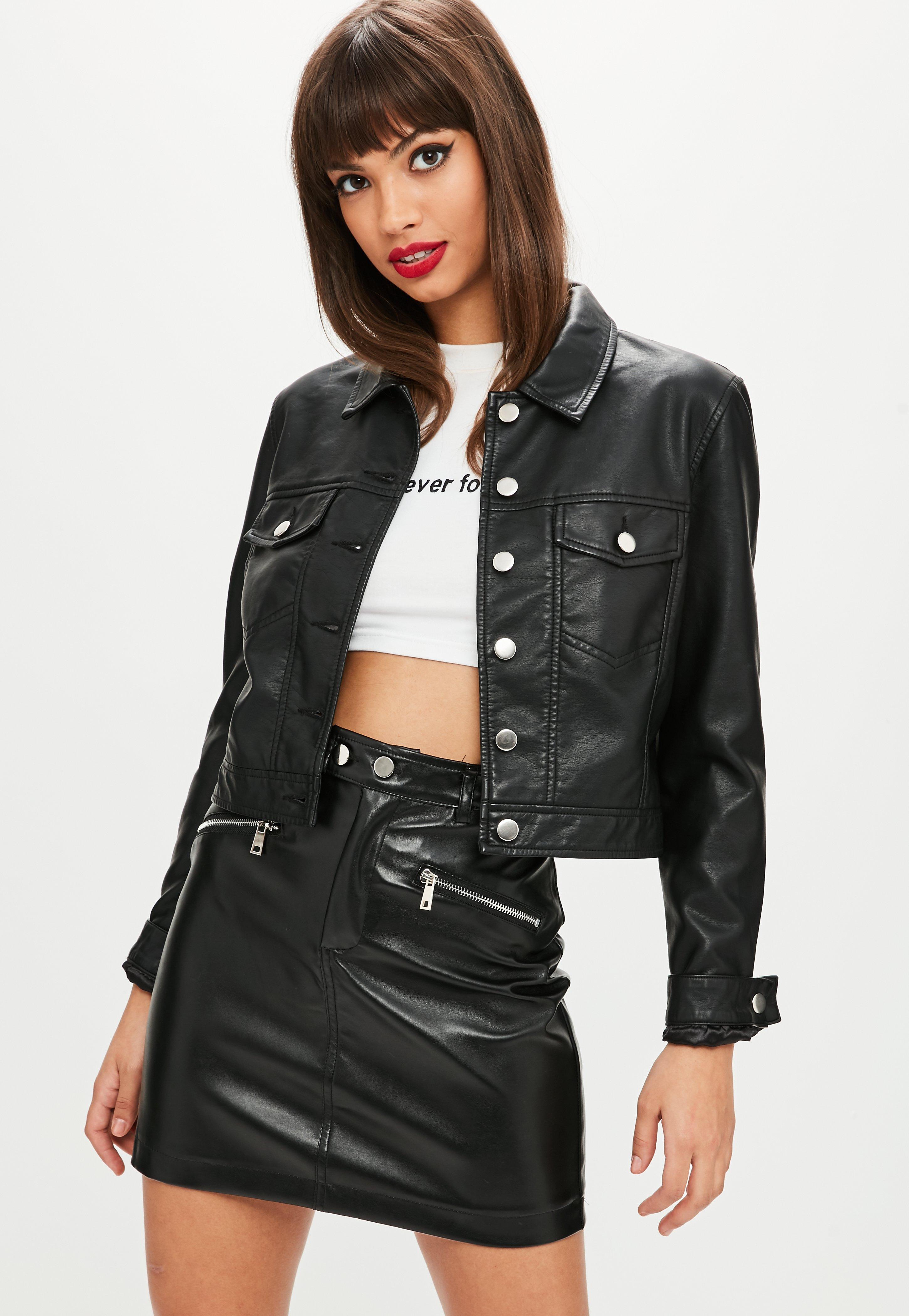Missguided Black Faux Leather Cropped Trucker Jacket - Lyst