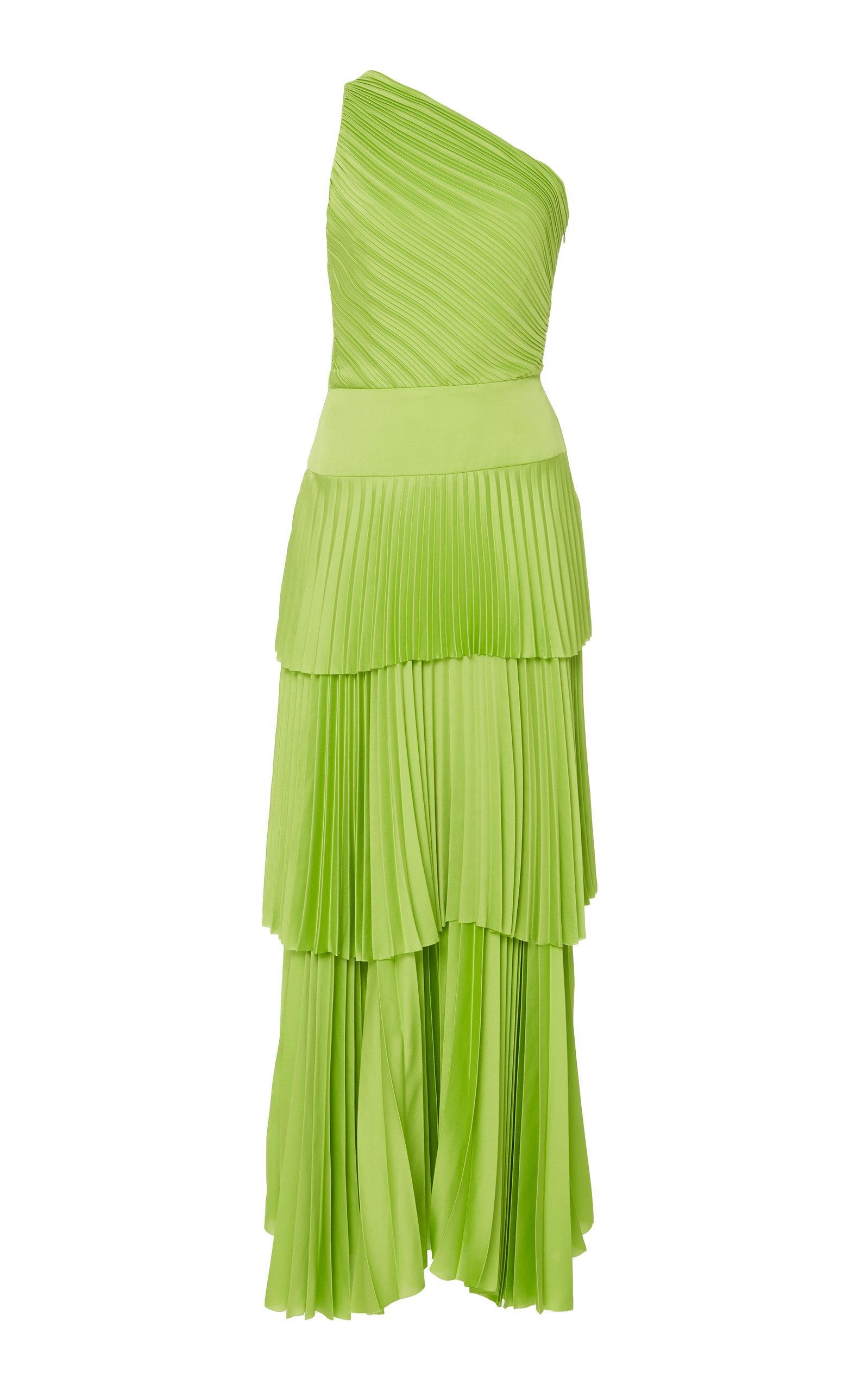 Solace London Larrisa Pleated Tiered Satin Maxi Dress in Green - Lyst