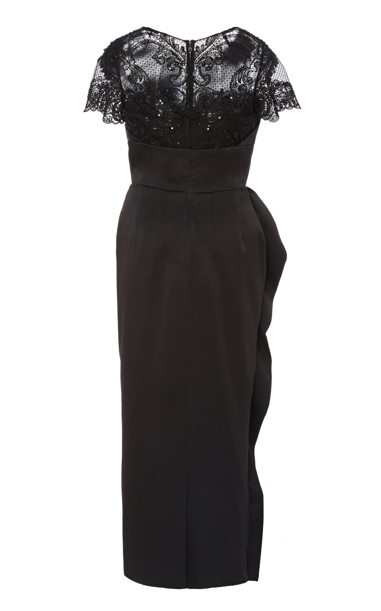 Marchesa Beaded Leavers Lace Satin Dress in Black - Lyst