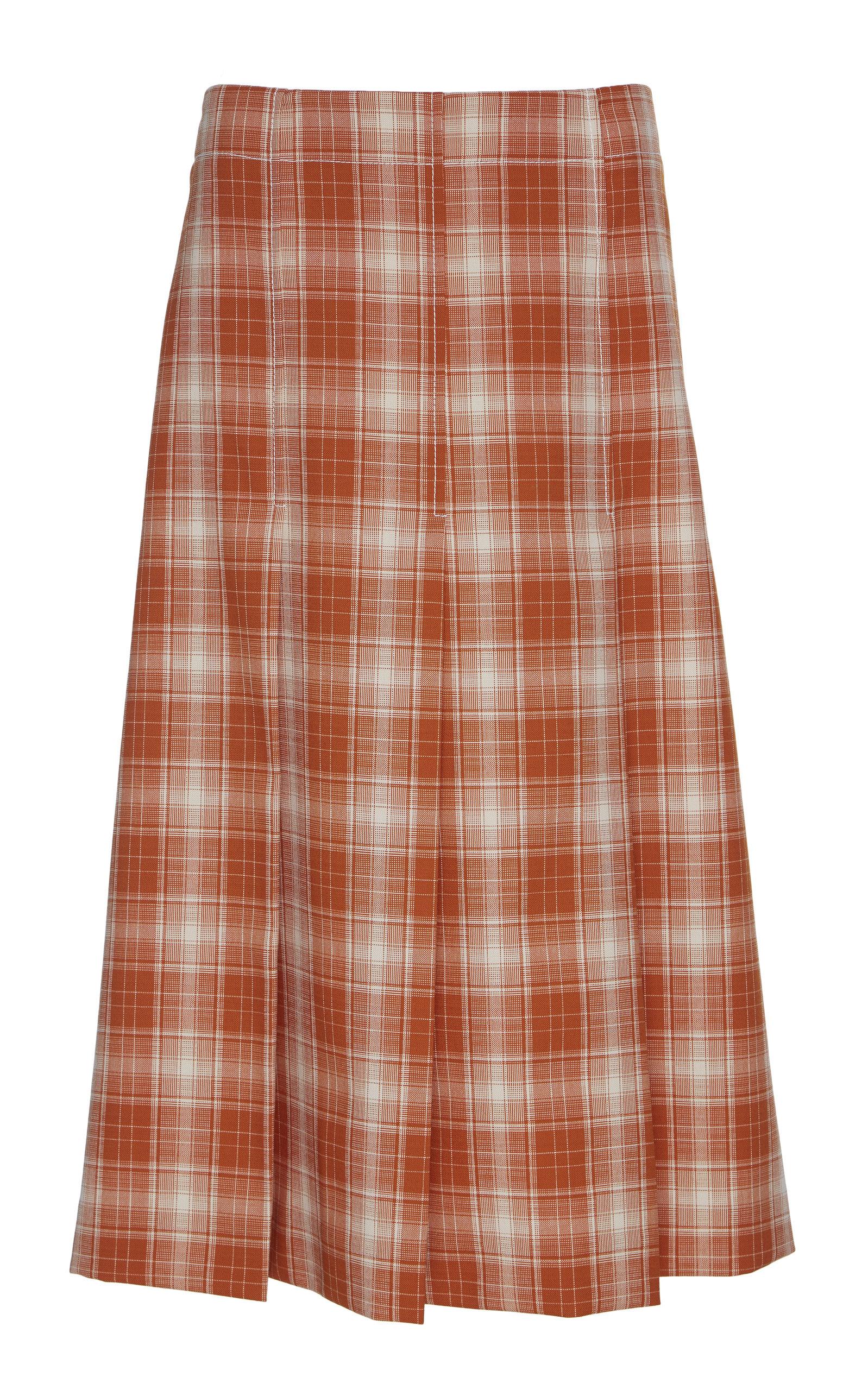 Marni Pleated Plaid Wool Midi Skirt in Orange - Lyst