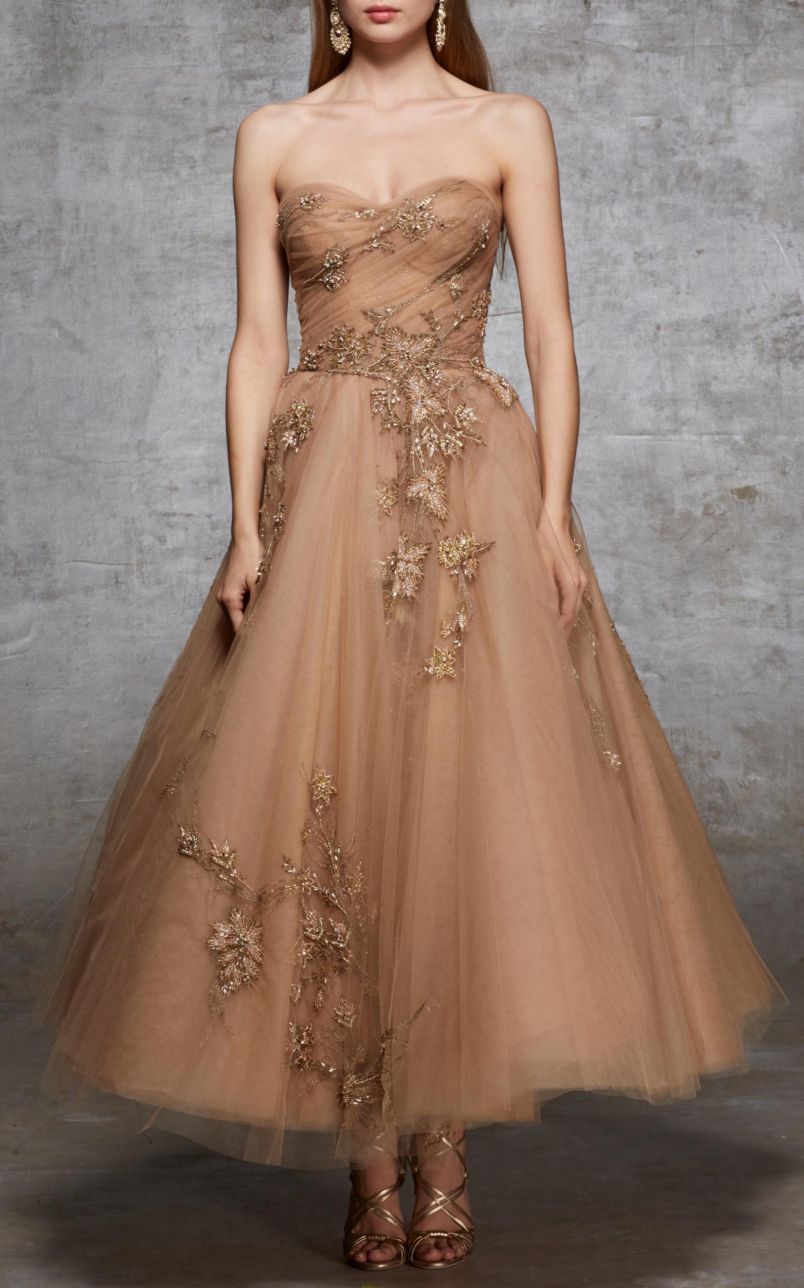 Lyst - Marchesa Tea Length Bead Tulle Gown in Natural