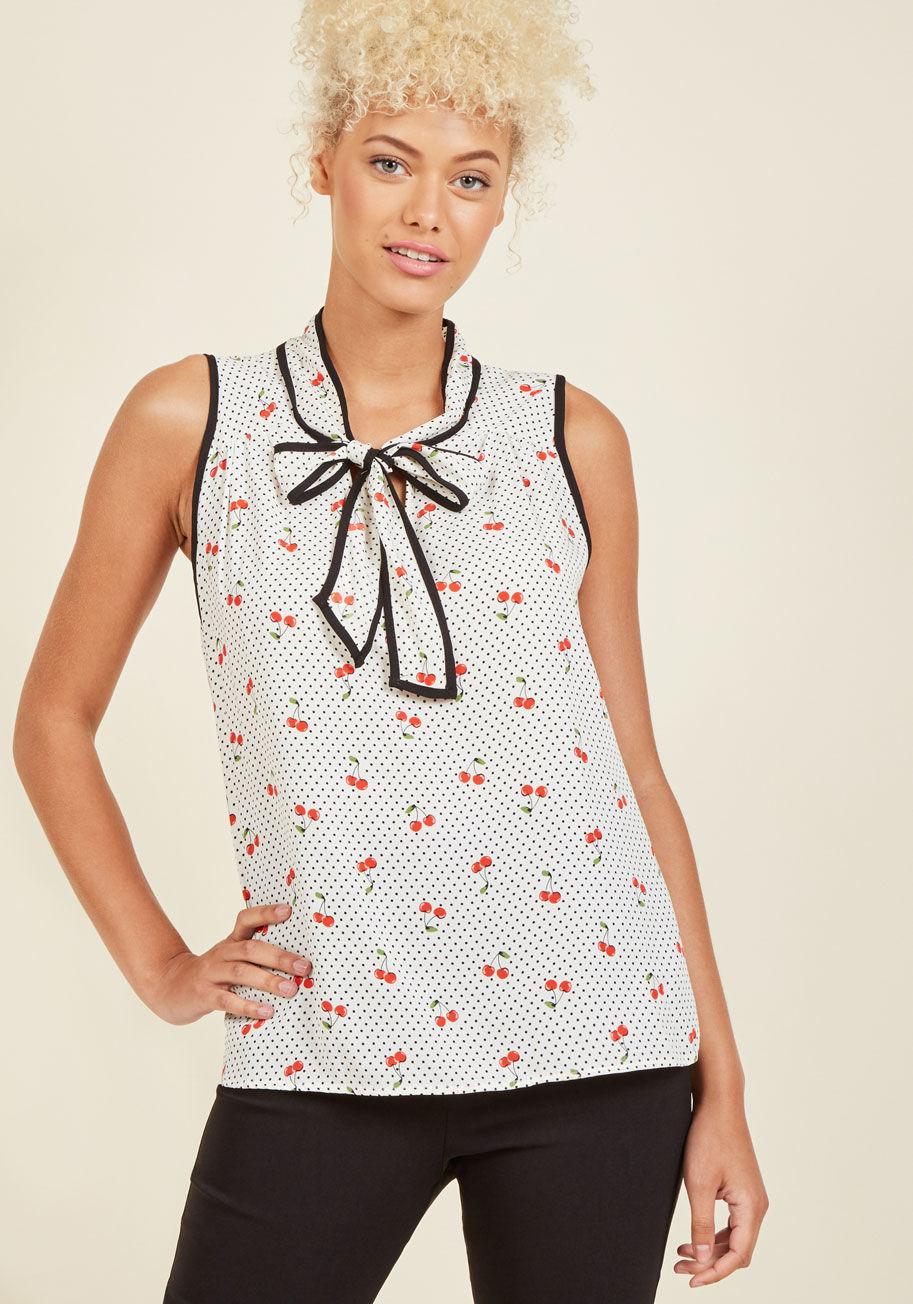 Lyst Modcloth Trimmed Tie Neck Sleeveless Top In White Cherries in White